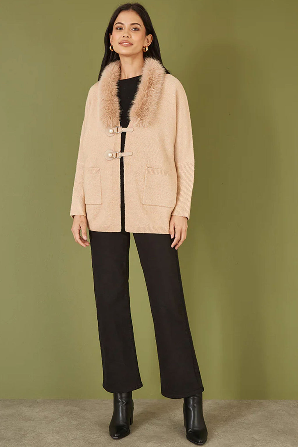 Yumi Oatmeal Cardigan With Detachable Fur Collar Trim - QHA UK
