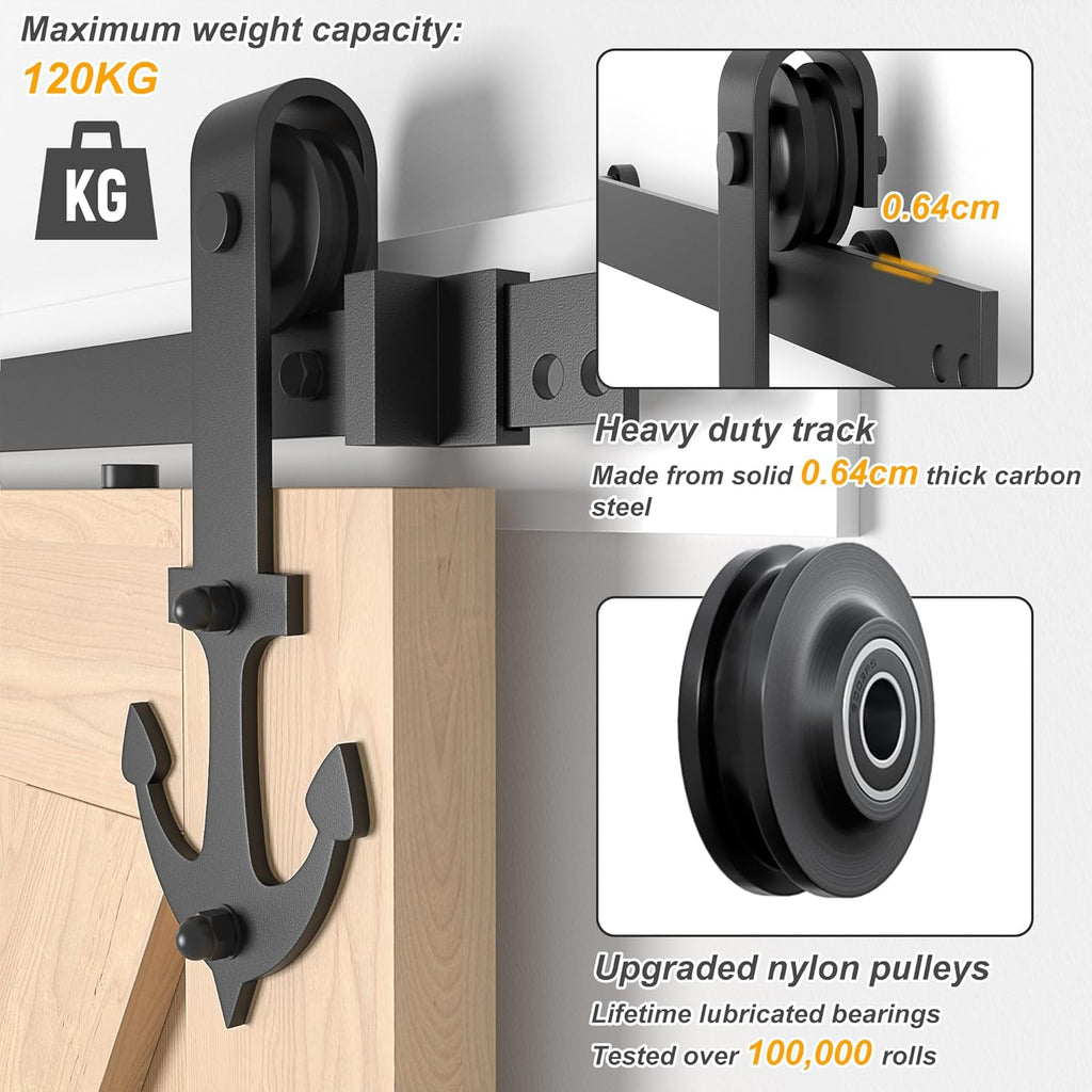 Sliding Barn Door Kit 7FT Heavy Duty Anchor Shaped Black Track SANKEYTEW