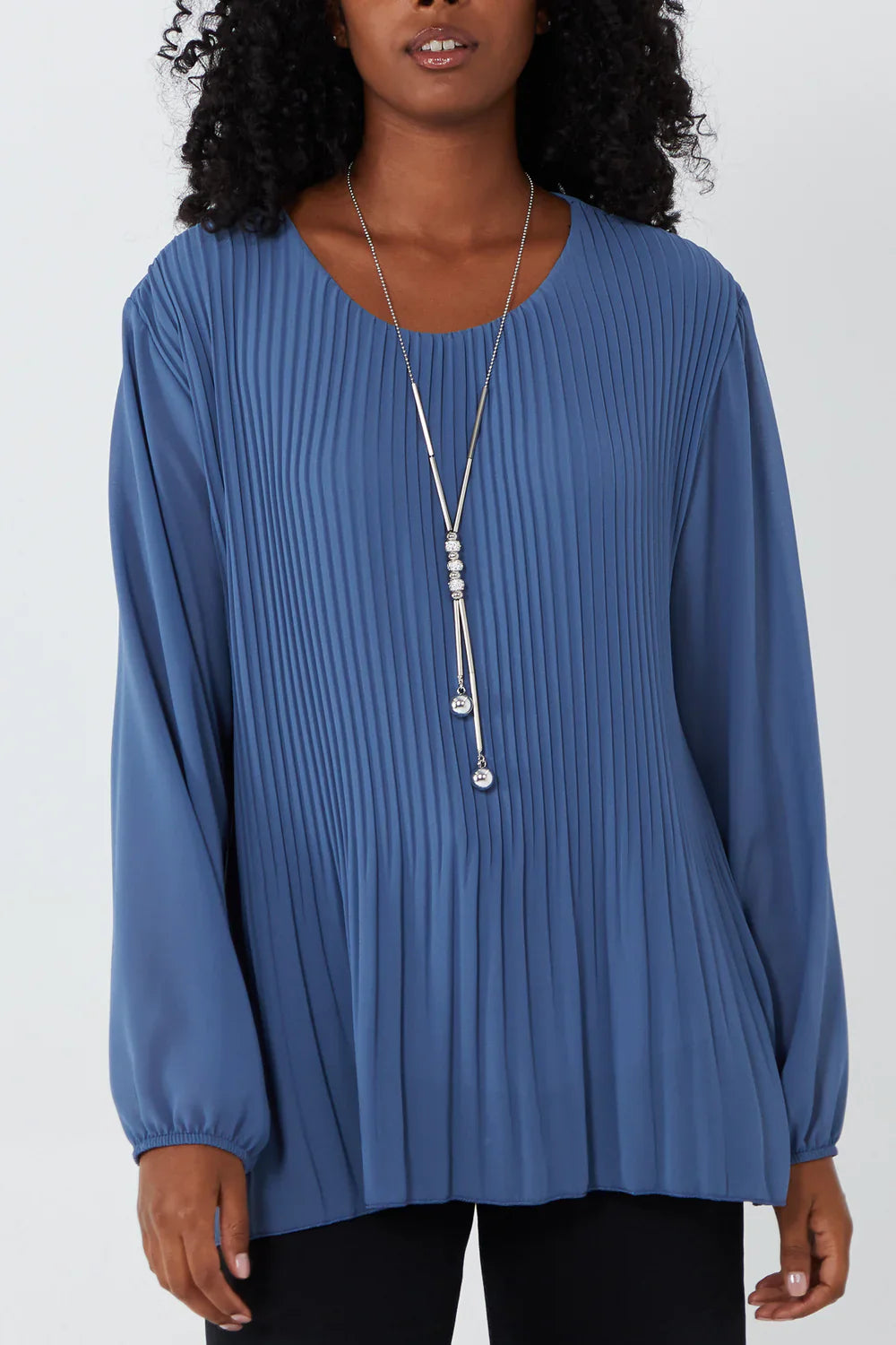 Pleated Longsleeve Top with Necklace – One Size Fits 8–16 (Available in Multiple Colours)