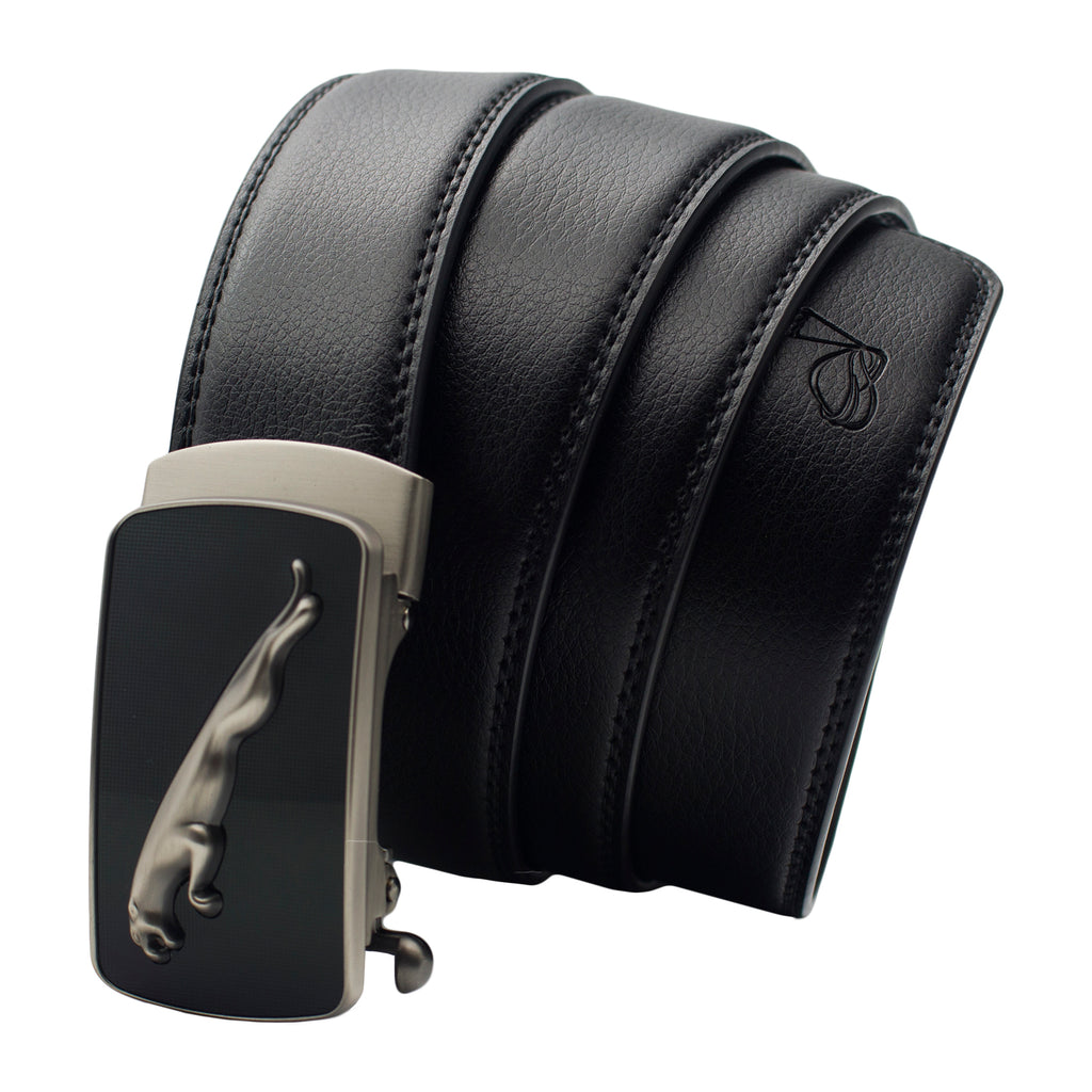 QHA Mens 35mm Ratchet Leather Belt, Matte Silver Jaguar Automatic Buckle Q65