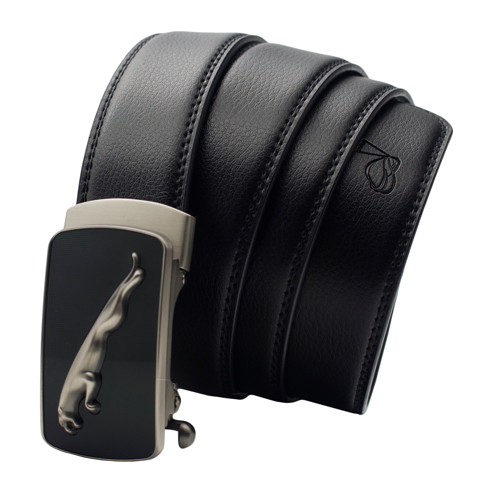 QHA Mens 35mm Ratchet Leather Belt, Matte Silver Jaguar Automatic Buckle Q65