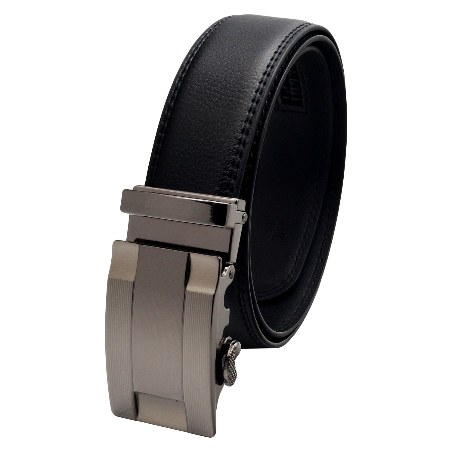 QHA Mens 35mm Ratchet Leather Belt, Triple Stripe Gunmetal Buckle Q5087