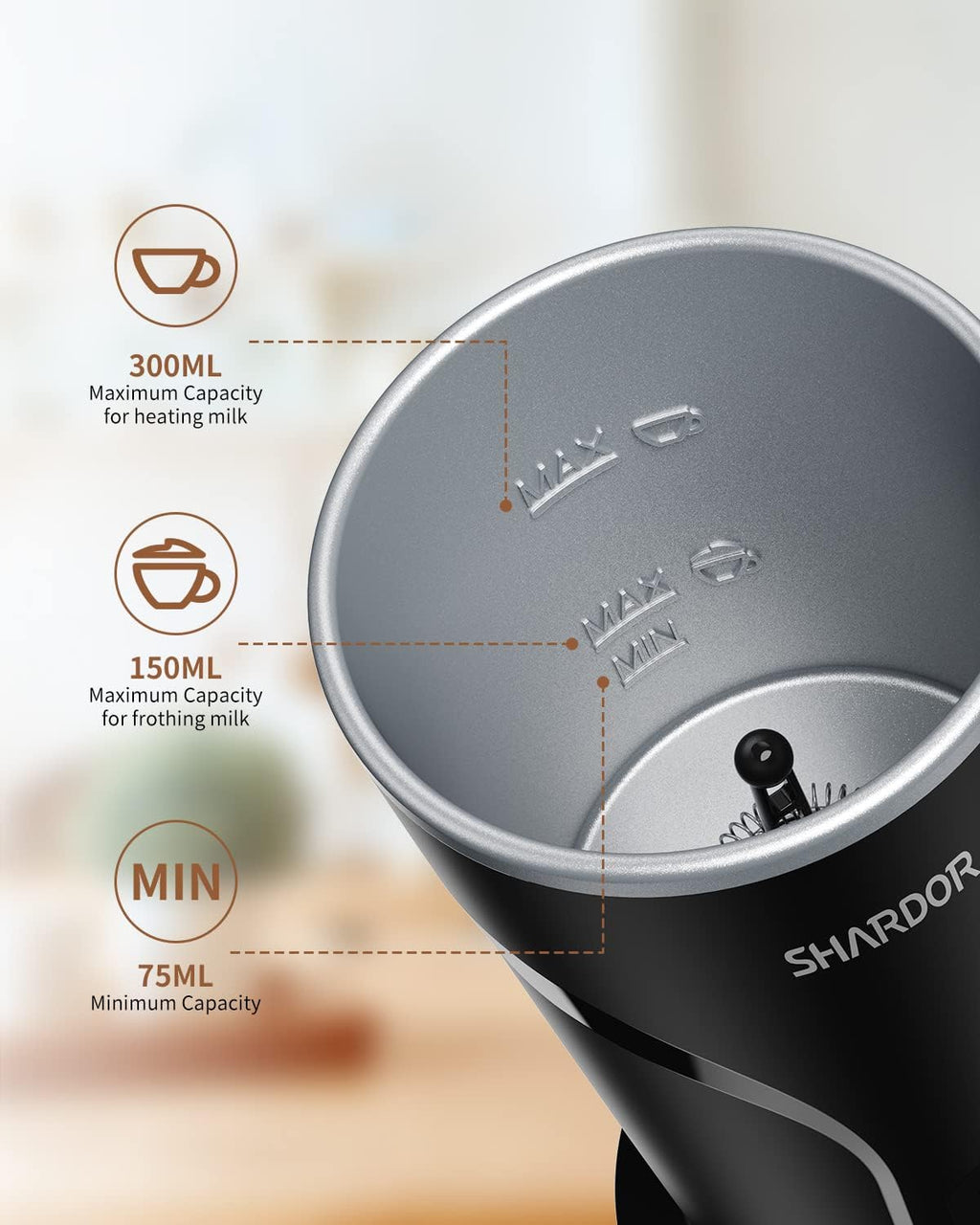 Electric Milk Frother and Steamer 300ml Hot Cold Foam Maker SHARDOR