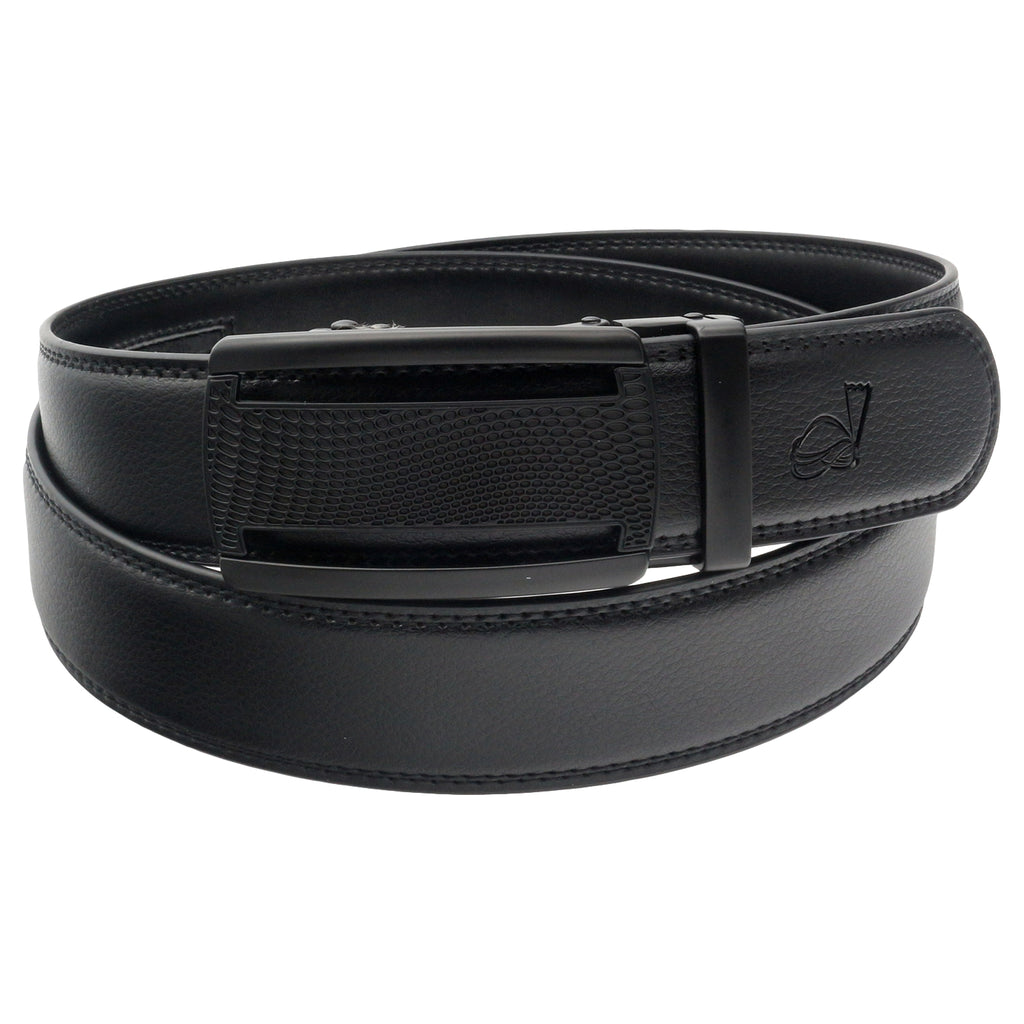 QHA Mens 35mm Ratchet Leather Belt, Polished Black Plastic Grid Buckle Q5085