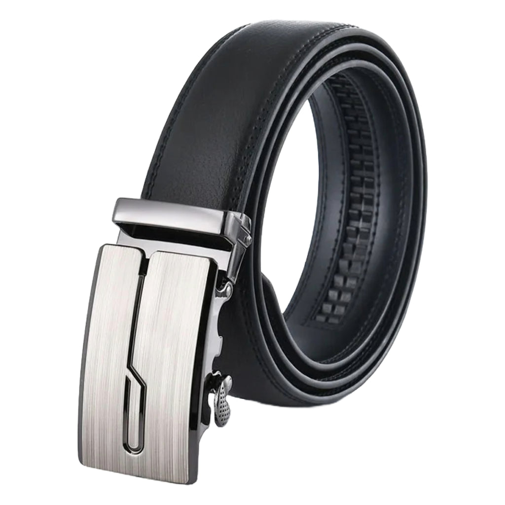 QHA Mens 35mm Ratchet Leather Belt, Brushed Silver J-Line Automatic Buckle Q67