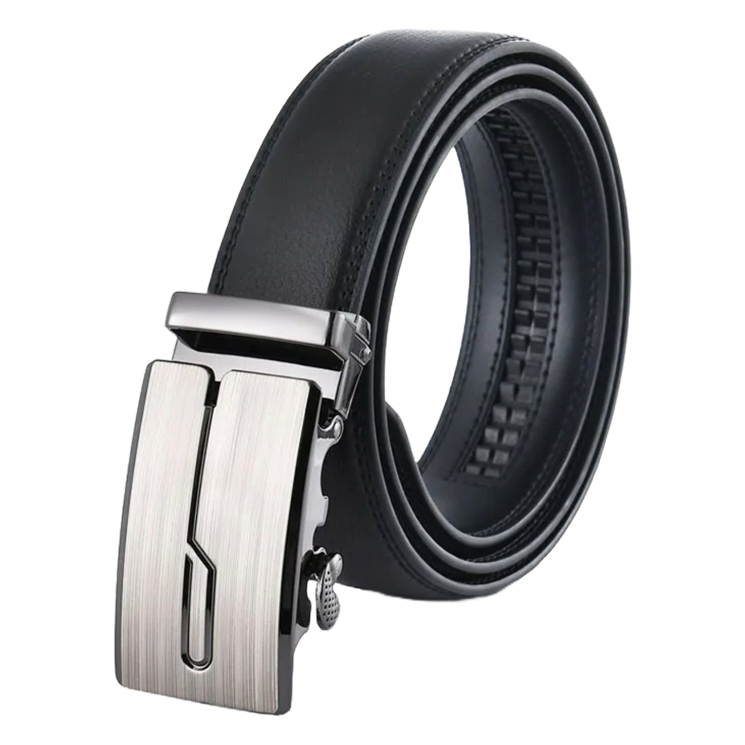 QHA Mens 35mm Ratchet Leather Belt, Brushed Silver J-Line Automatic Buckle Q67