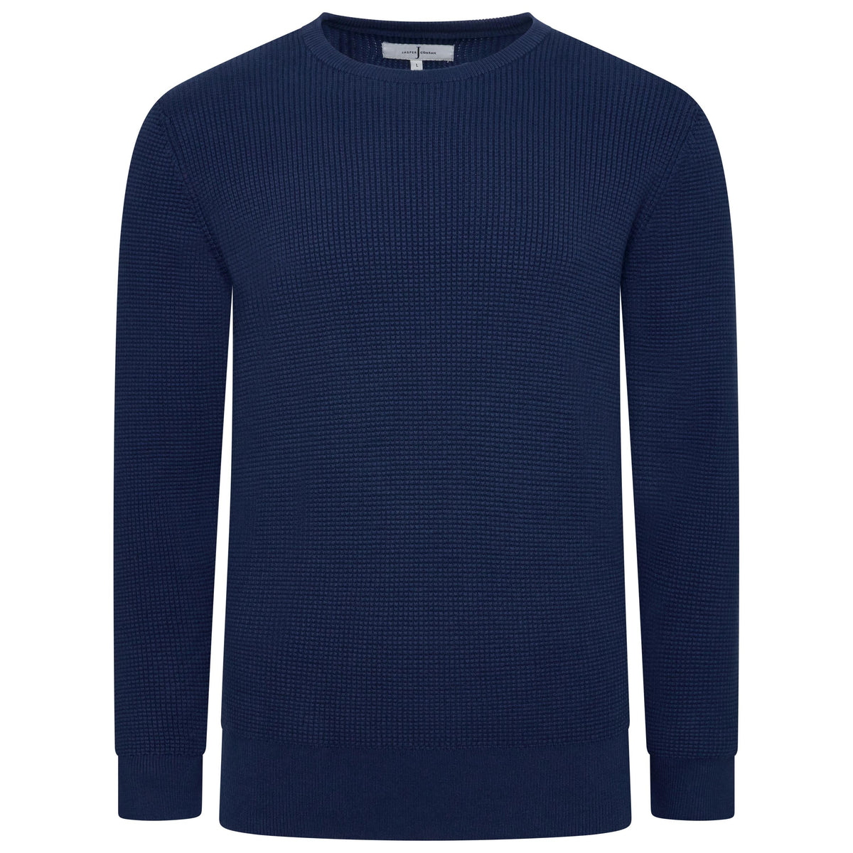 A navy blue long-sleeve crewneck sweater with a textured waffle knit pattern, shown on a plain white background.