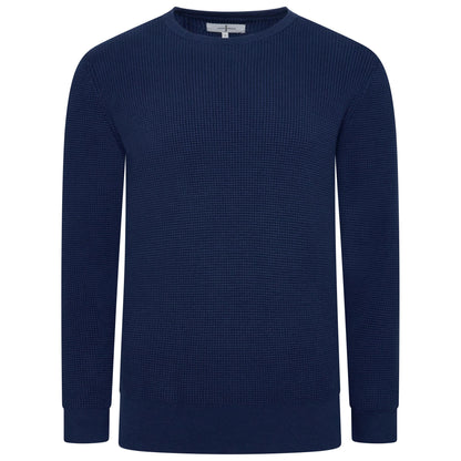 A navy blue long-sleeve crewneck sweater with a textured waffle knit pattern, shown on a plain white background.