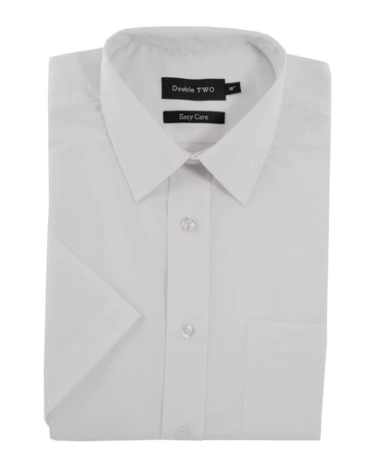 Folded light gray dress shirt with 'Double Two' label on a white background