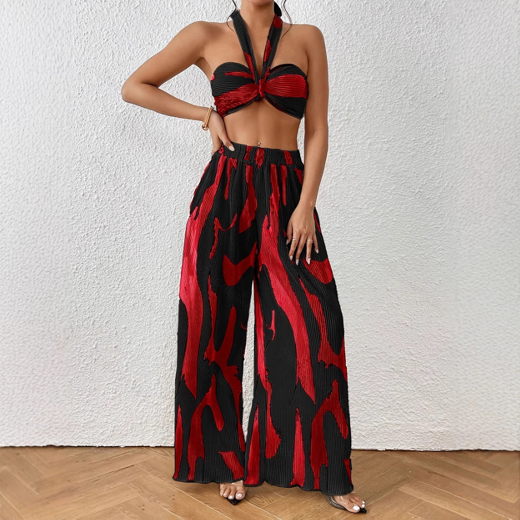 Halter Tube Top & Flame Print Wide-Leg Pants Set – Bold Streetwear 2-Piece Outfit