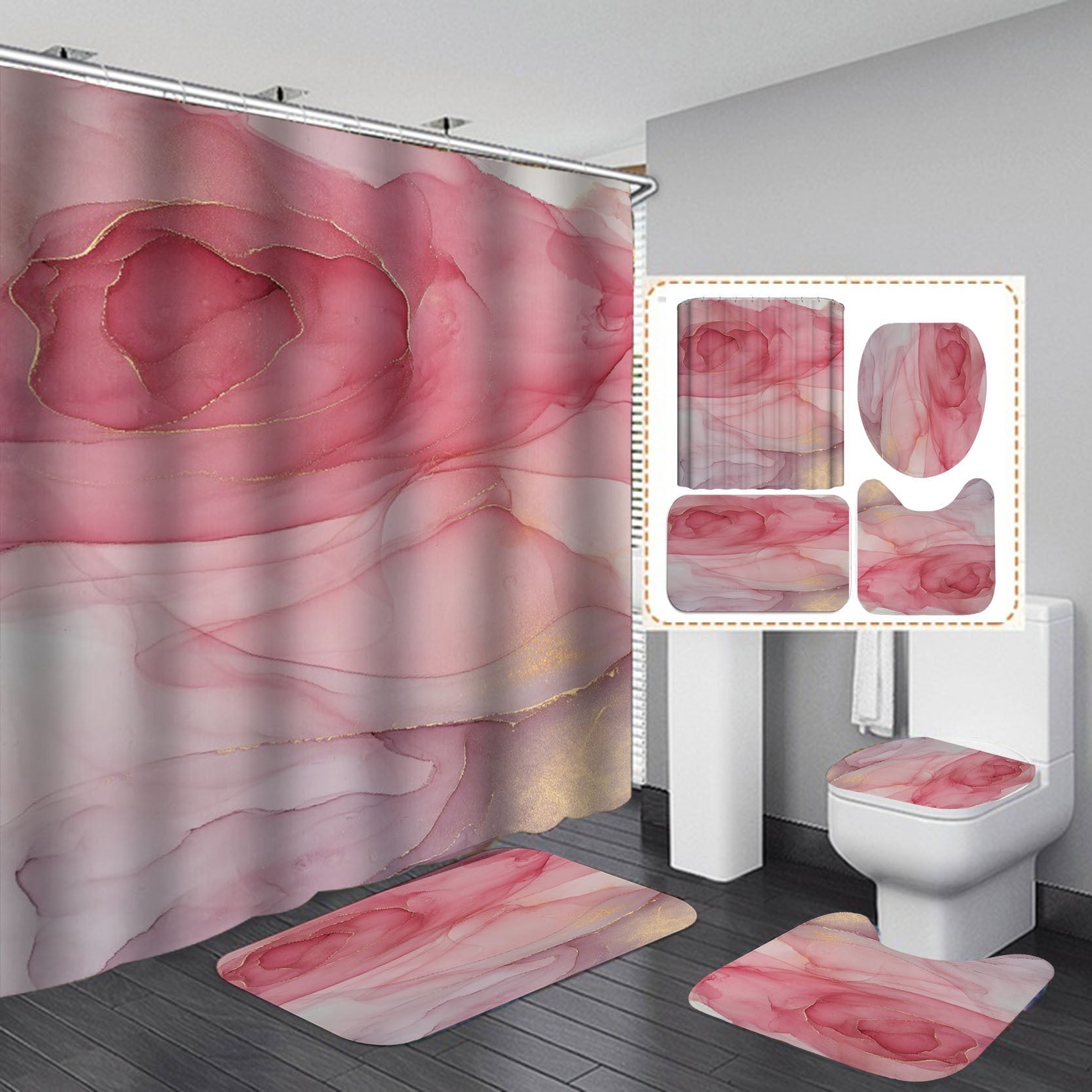 3D Waterproof Bath Curtain Set, Flannel Bath Mat, Home Decor