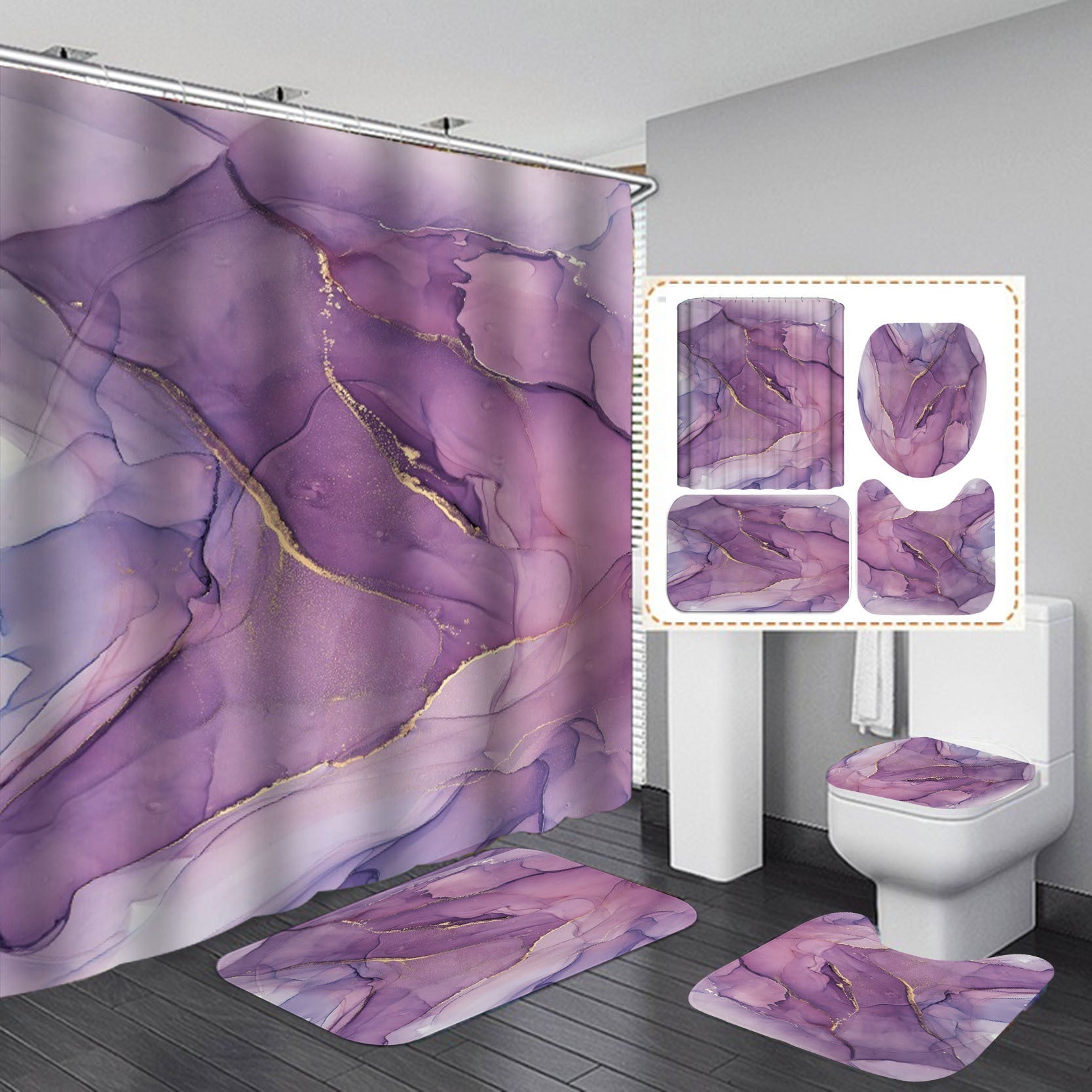 3D Waterproof Bath Curtain Set, Flannel Bath Mat, Home Decor