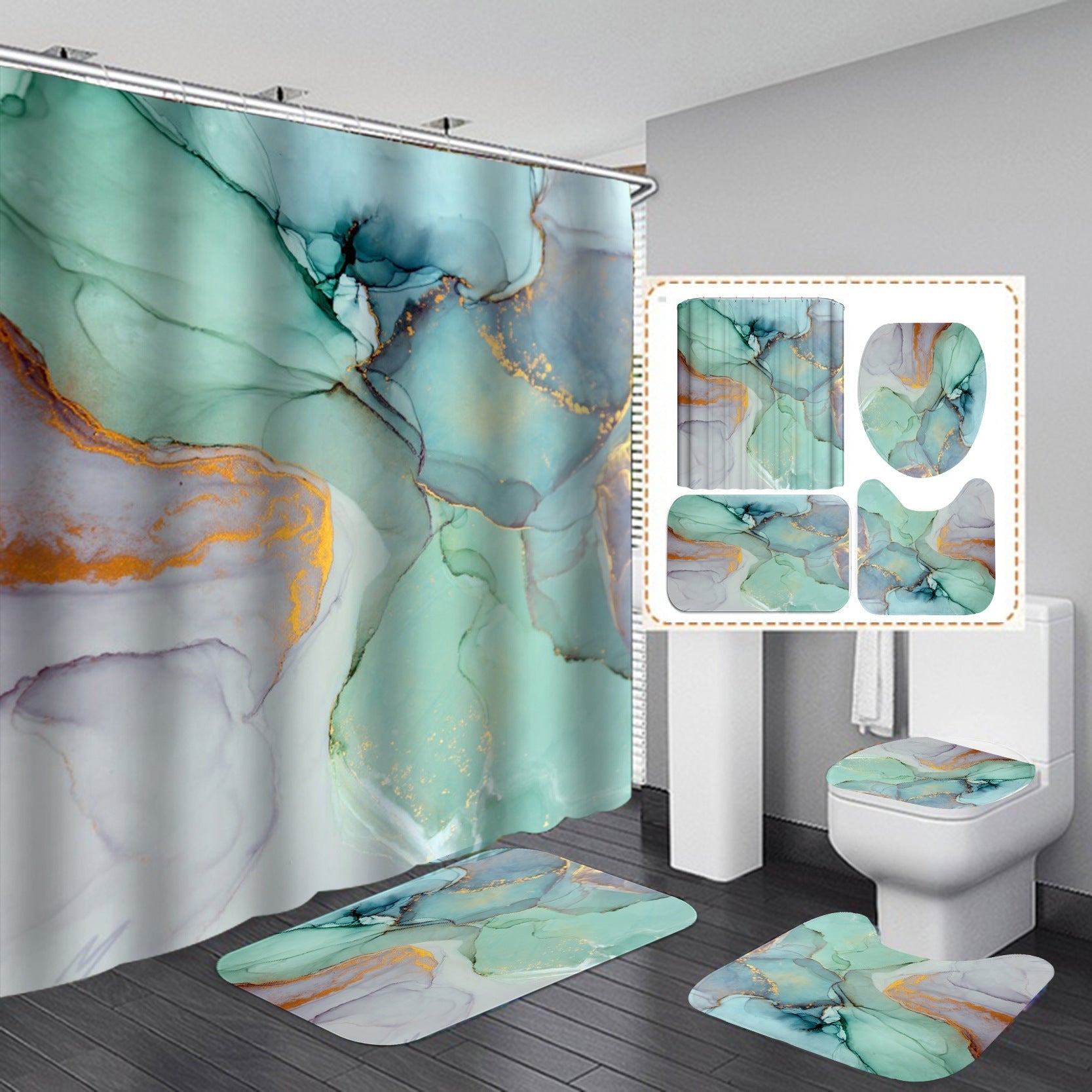 3D Waterproof Bath Curtain Set, Flannel Bath Mat, Home Decor