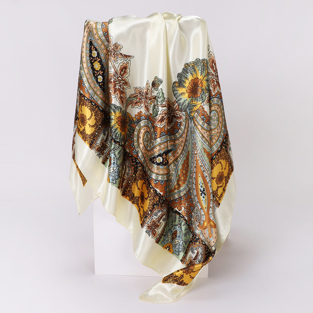 Classic Cashew-patterned Silk Satin Scarf, Printed Headscarf for Women, 90/90cm Square Scarf