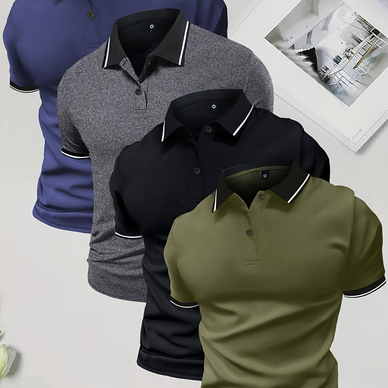 4-Pack Men's Summer Polo Shirts, Solid Color Short Sleeve, Regular Fit, Knit Stretch, Casual Sportswear Tops