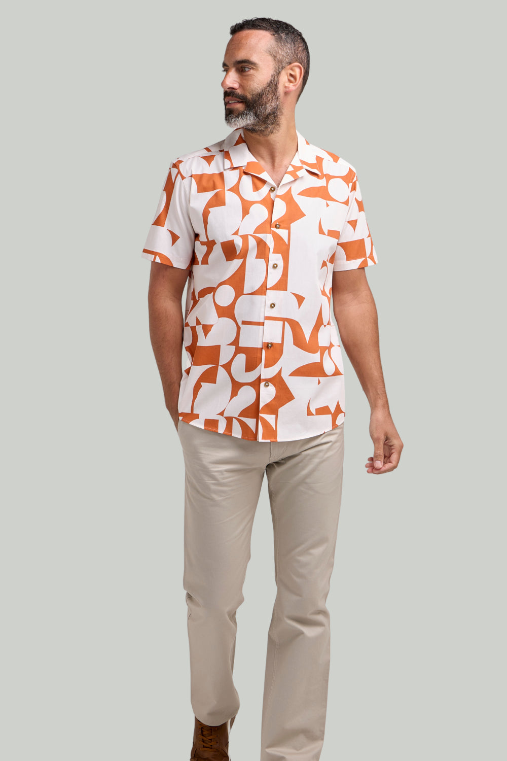 Double TWO Geo Print Short Sleeve Shirt For Men in Orange, M-5XL