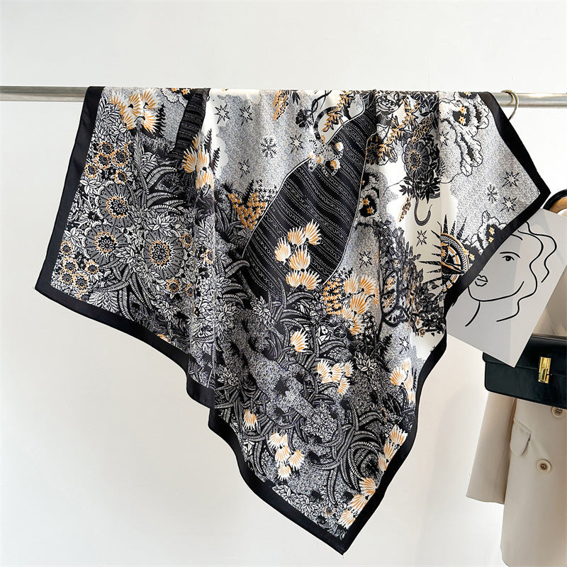 Women's Premium Twill Silk Scarf, Large Printed 90/90cm Striped Square Scarf