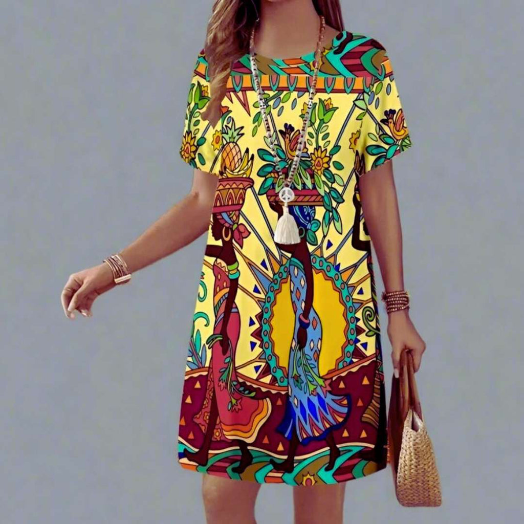 Plus Size African Print Mini Dresses – Colourful Ethnic O-Neck Summer Dresses for Women