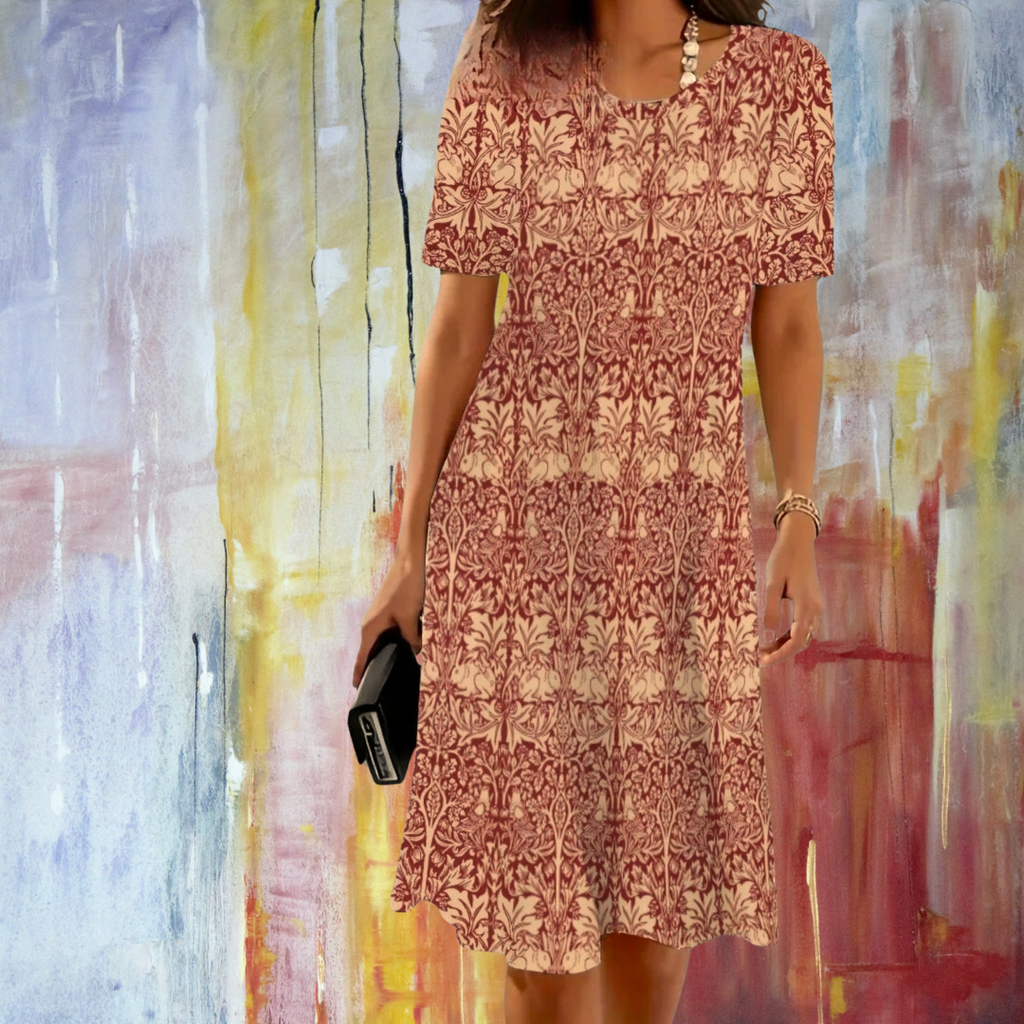 Boho 3D Flower & Feather Print Dress – Women's Loose Fit Summer Mini Dress with Short Sleeves