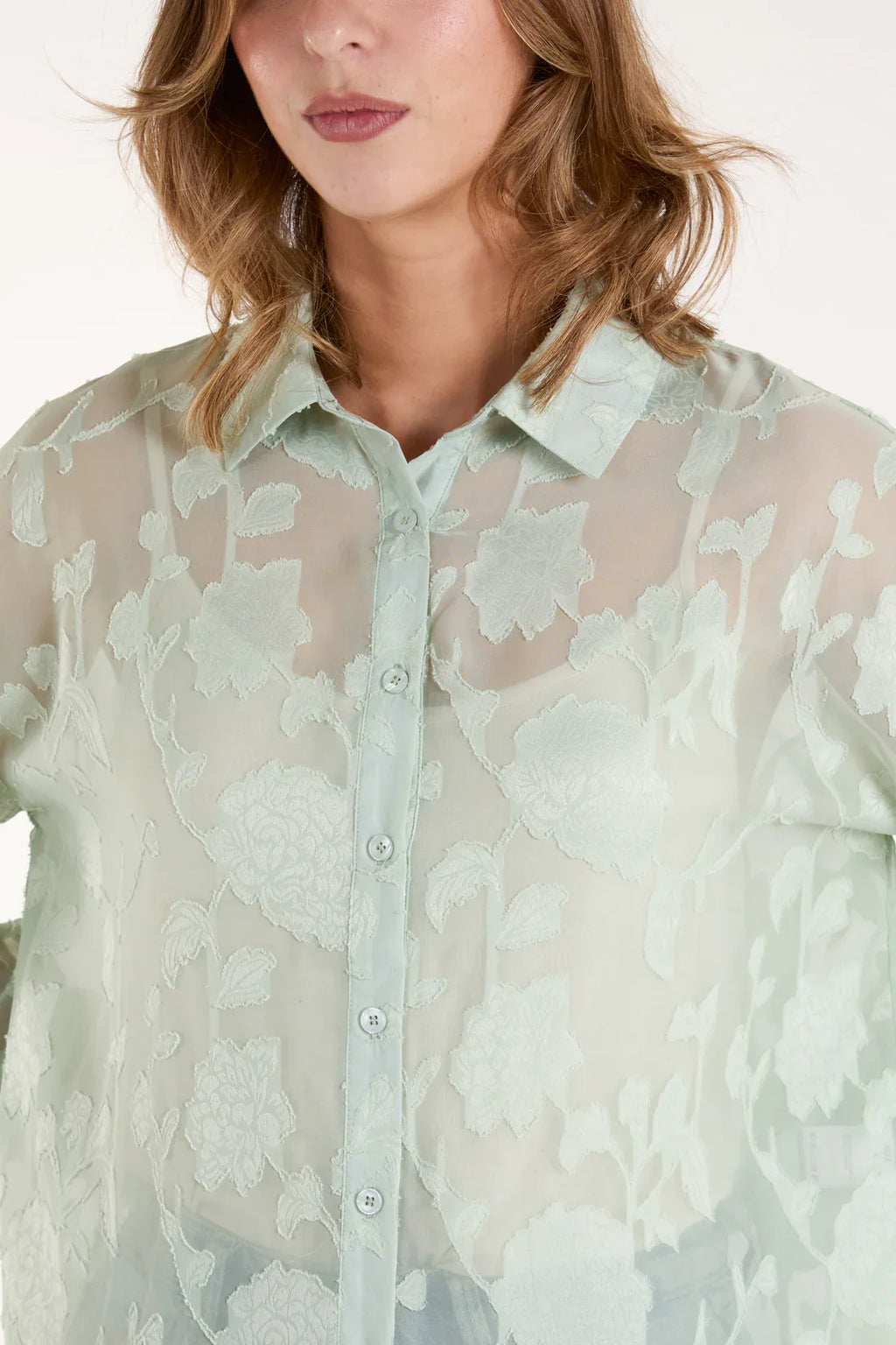 Sheer Floral Devore Shirt Mint | Lightweight Button-Up Blouse