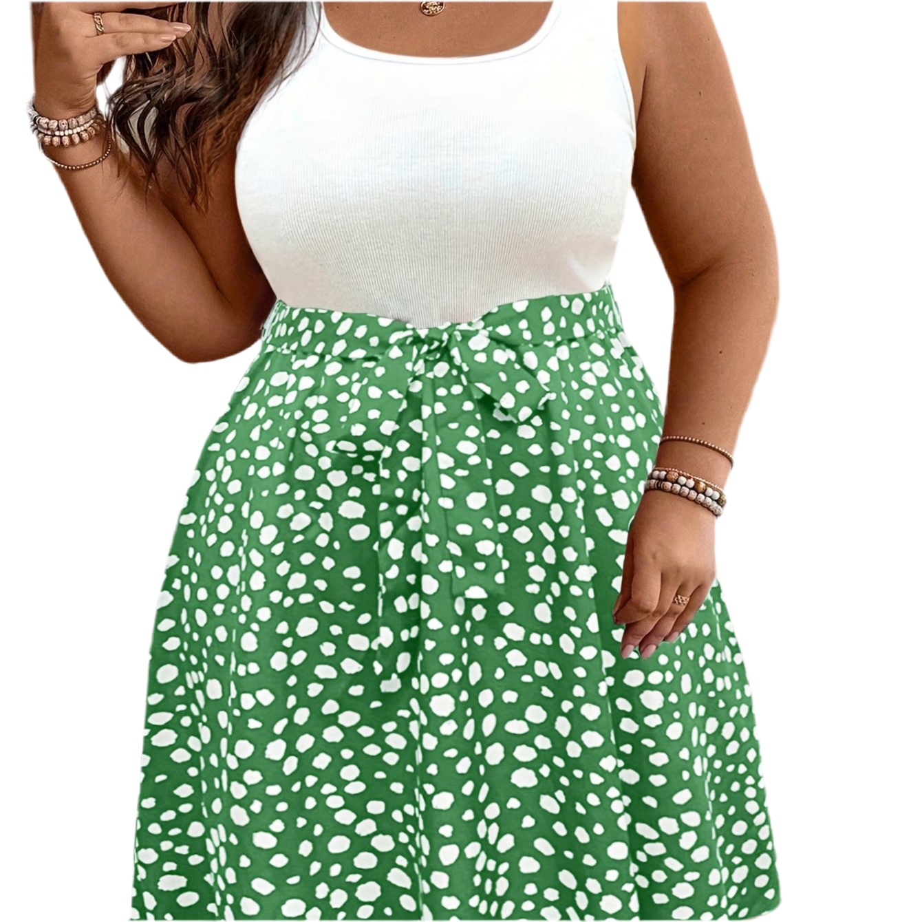 Plus Size Two-Tone Polka Dot Sleeveless Summer Dress with Ruched Detail and Belted Waist Dress