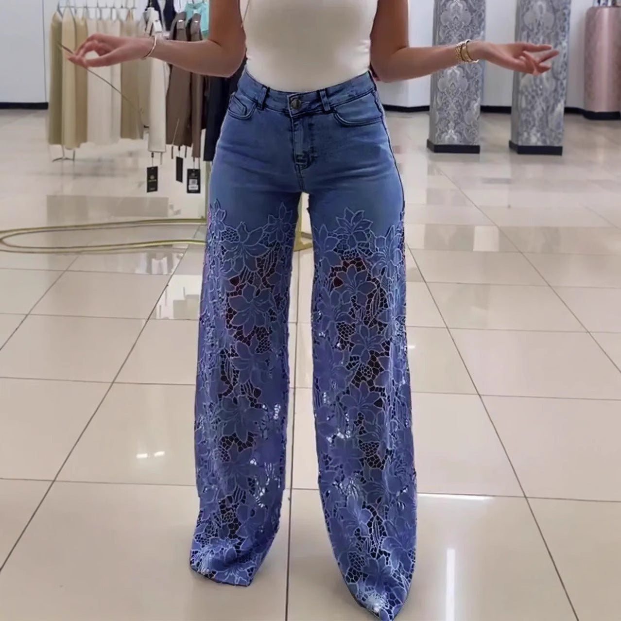 Y2K Lace Flowers Hollow Jeans Fashion High Waist Straight Wide Leg Pants Solid Color Trousers Women's Clothing