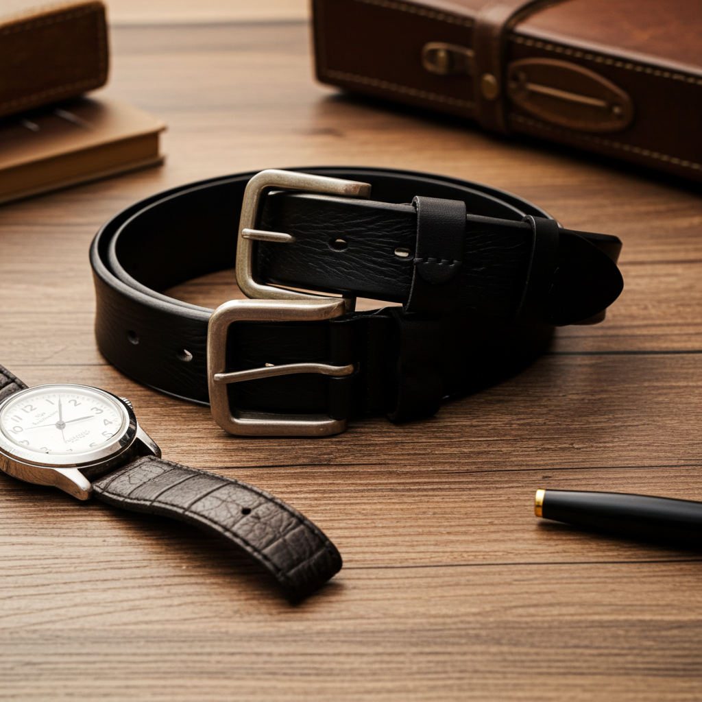 QHA Mens 38mm Top Grain Leather Jeans Belt with Pin Buckle, Black Q16