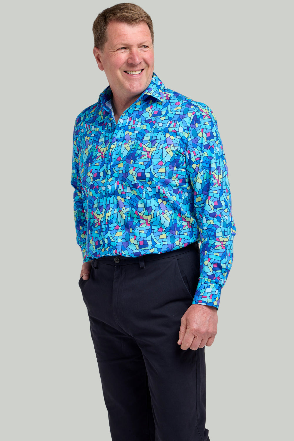 Double TWO Mosaic Print Long Sleeve Shirt For Men in Blue, M-5XL