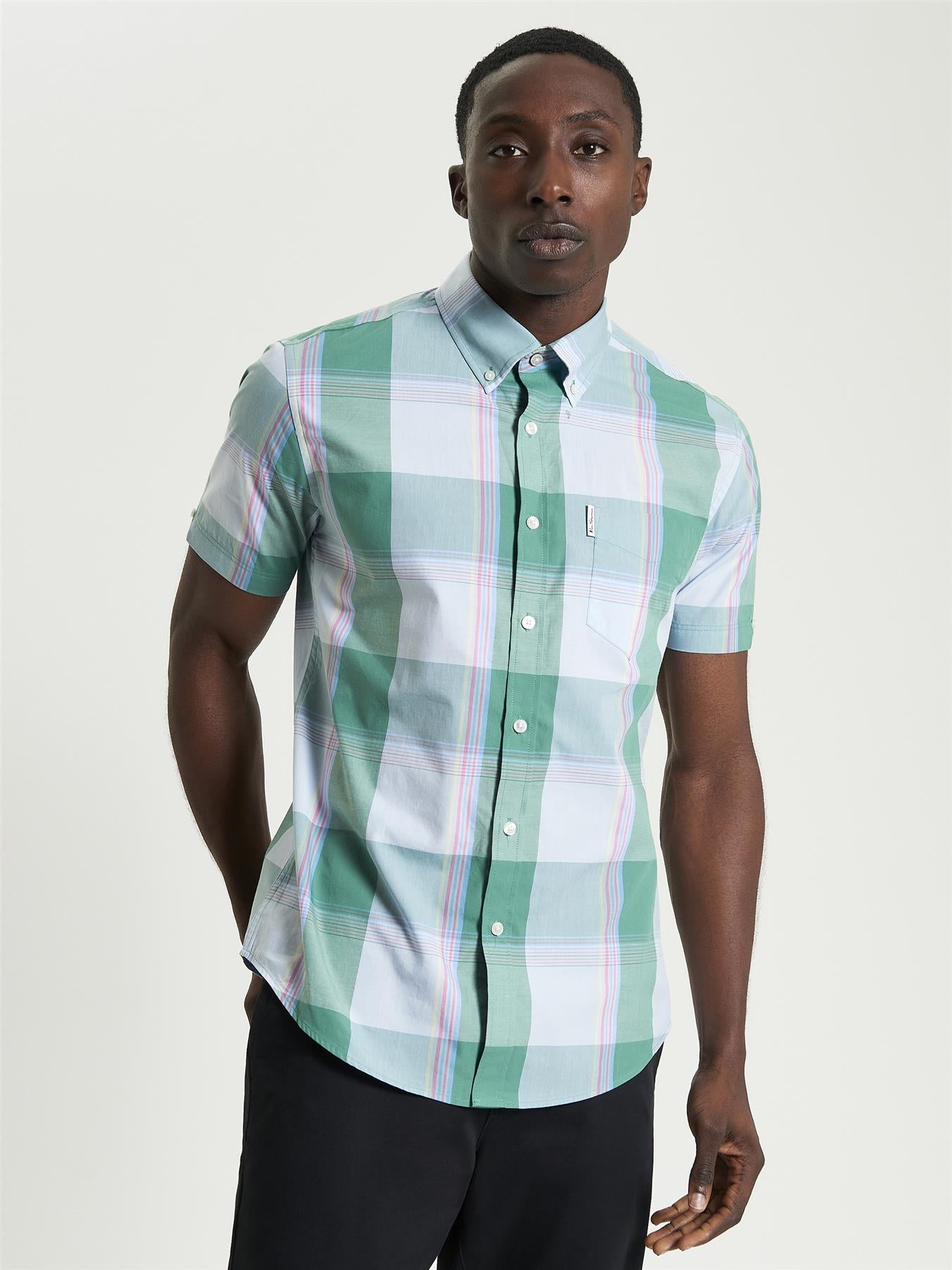 Ben Sherman Overcheck Short Sleeve Shirt For Men in Forest, 2XL-5XL