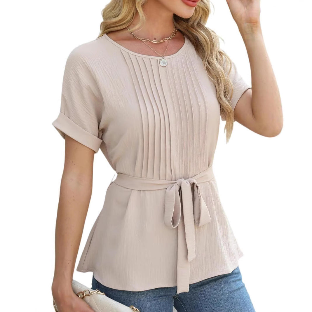 Womens Casual Shirt Ruffled Pleated Round Neck Short Sleeve Top