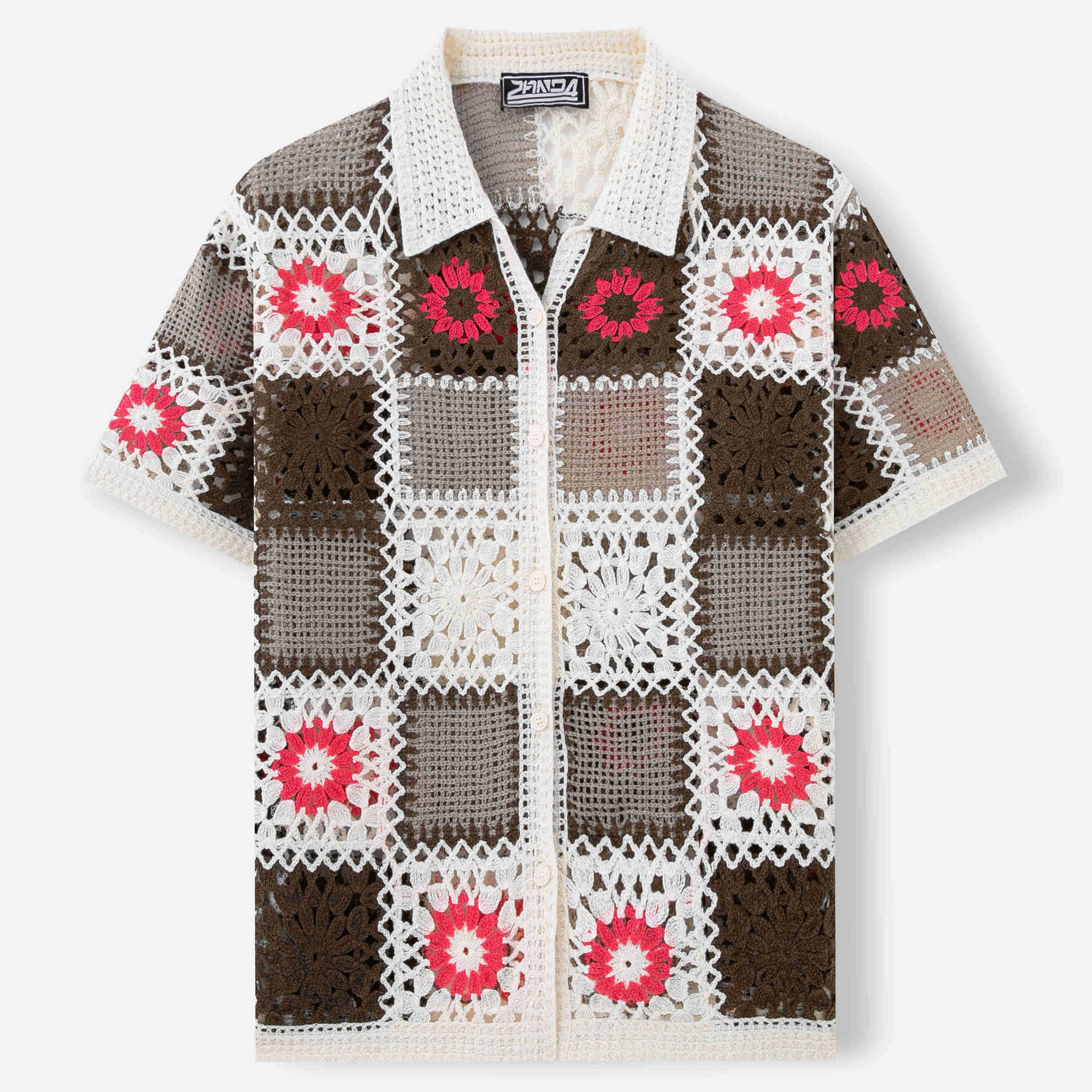 Men’s Retro Ethnic Style Crochet Hollow Bandage Shirt.