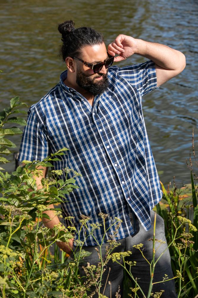 D555 WALSALL Check Short Sleeve Shirt With Pocket For Men in Navy, 2XL-8XL