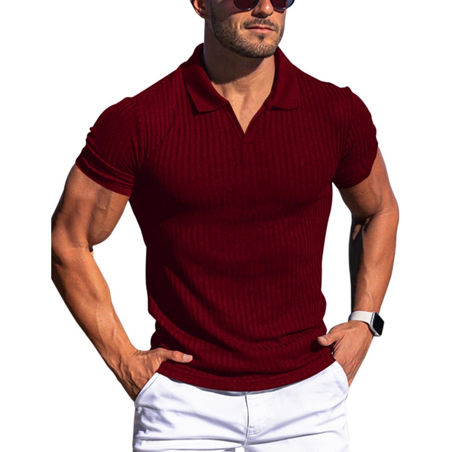 Men’s Vertical Stripe Polo Shirt V-Neck Short Sleeve Lapel Casual T-Shirt
