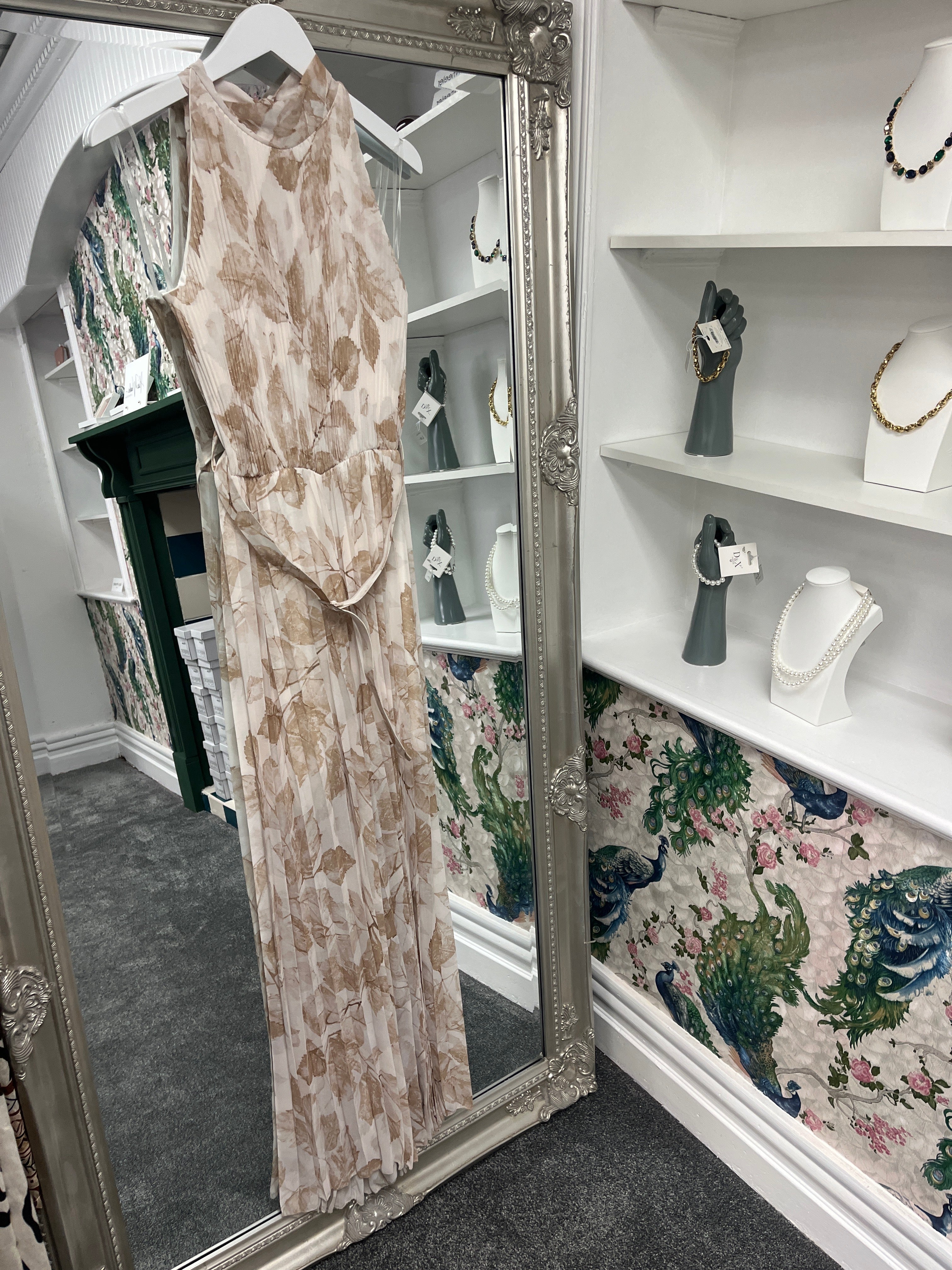 Beige Floral Pleated Jumpsuit | One Size Women’s Jumpsuit Fits 8-10