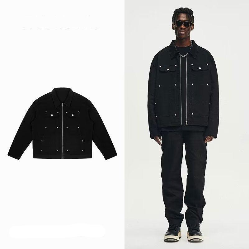 Men's Black Washed Denim Jacket with Zipper and Pocket Detailing - Retro Streetwear Style