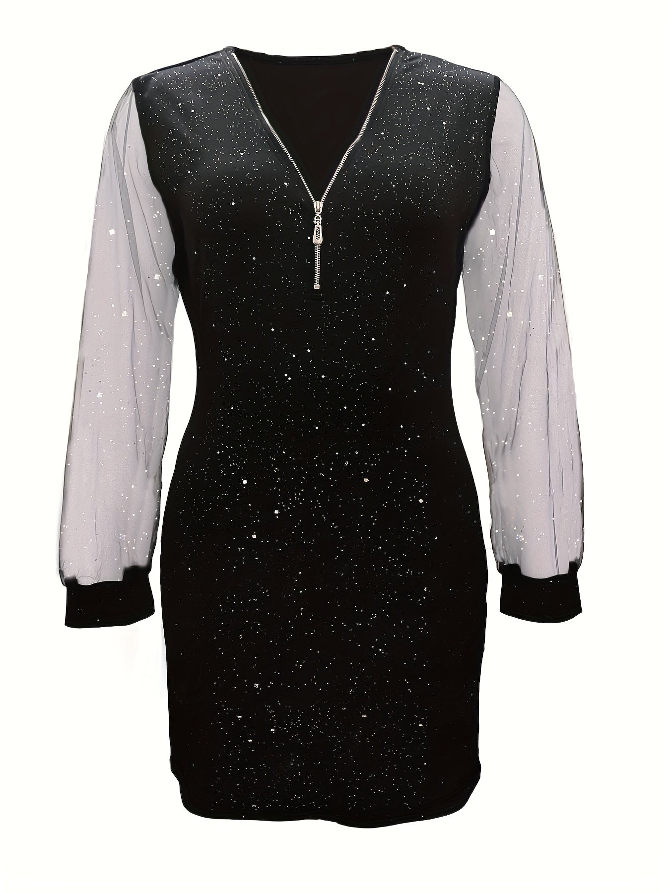 Hot Diamond Sequin Net Splicing Dress Elegant Commuting V-neck Zipper Long Sleeve Dress