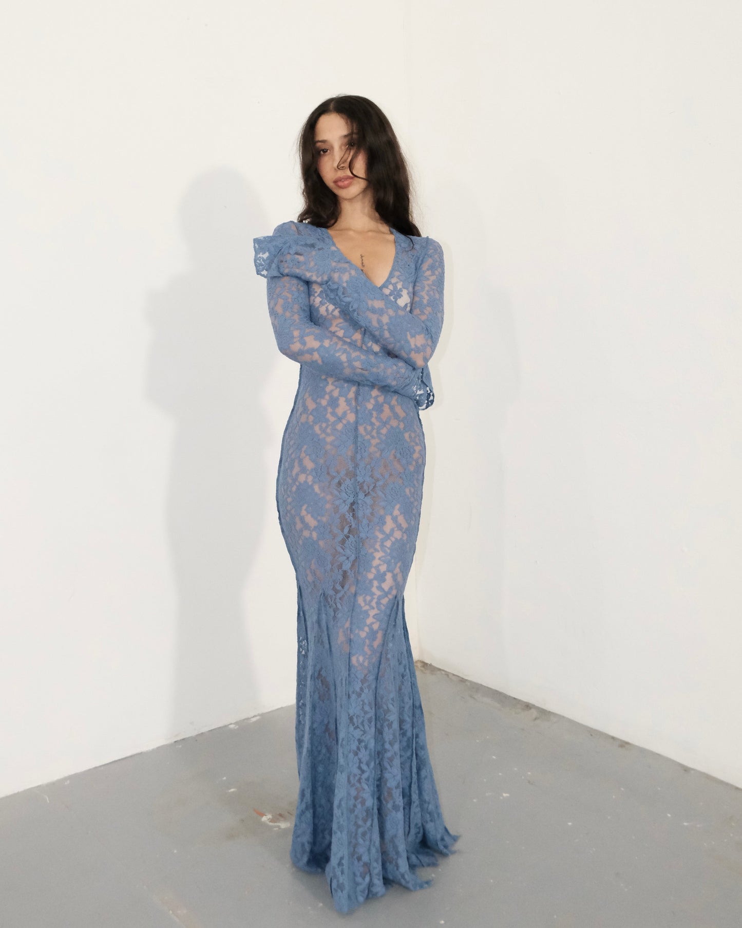 Blue Lace Floral Vintage Maxi Dress & Head Scarf (Optional) - QHA UK