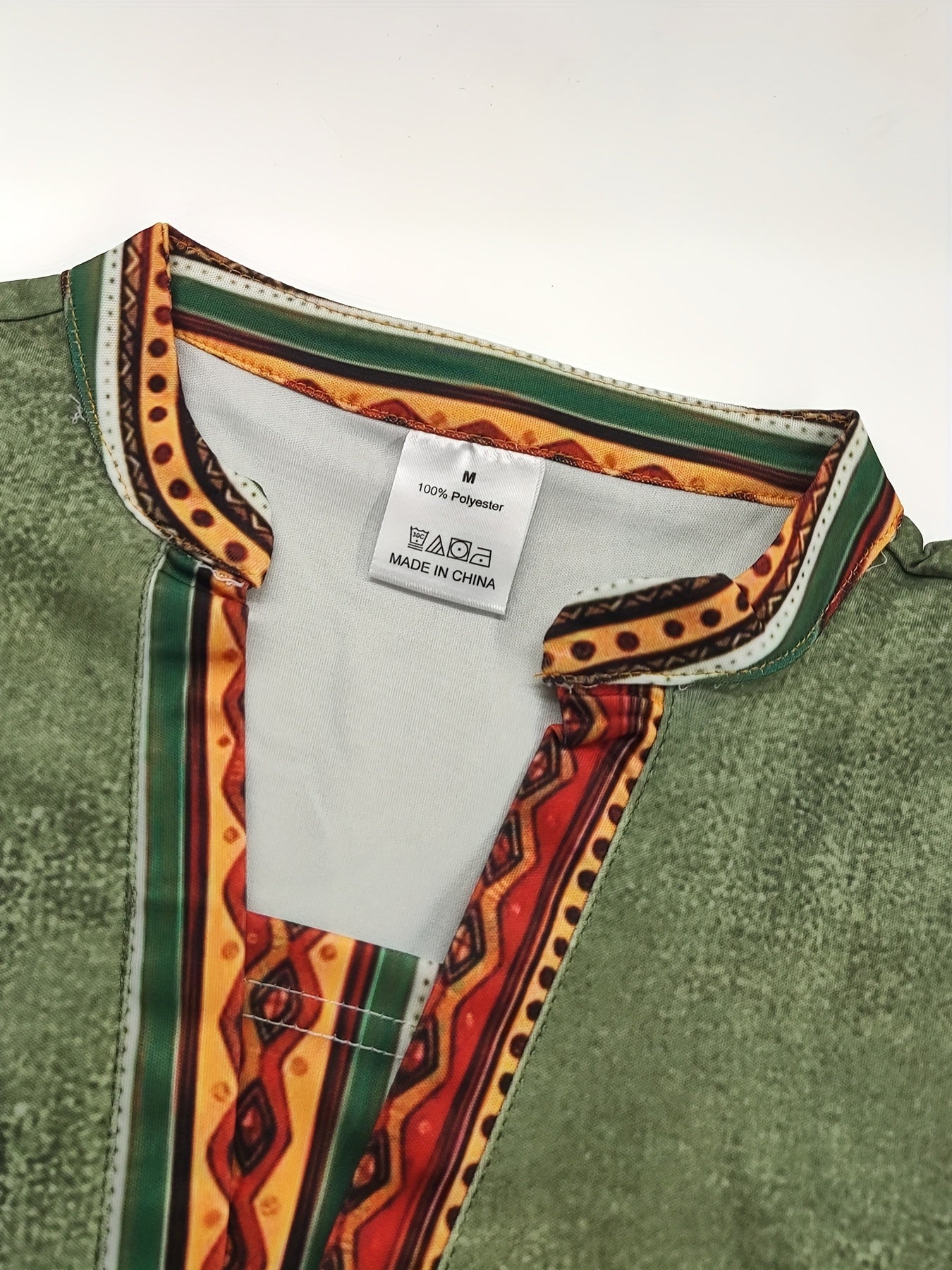 Men's Stylish Green Henley Shirt with Vibrant Tribal Pattern - Casual Short Sleeve V-Neck Tee for Summer, Polyester Knit Fabric, Casual V-neck Shirt