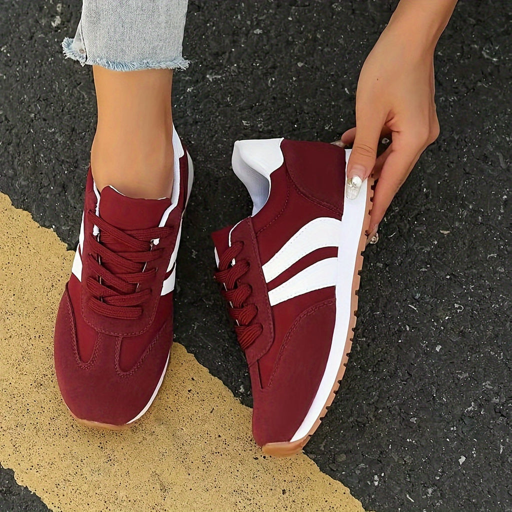 Women's Red Low Top Casual Lace Up Sports Shoes - Anti-Slip, Soft Sole, All-Season - Synthetic Upper, Rubber Sole, Fabric Insole