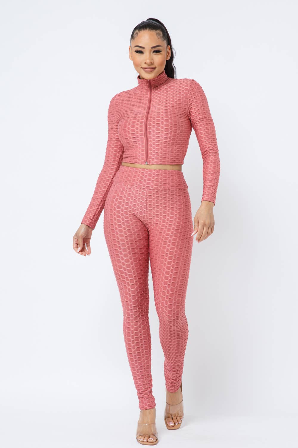 Honeycomb Mock Neck Cropped Jacket and Leggings Set