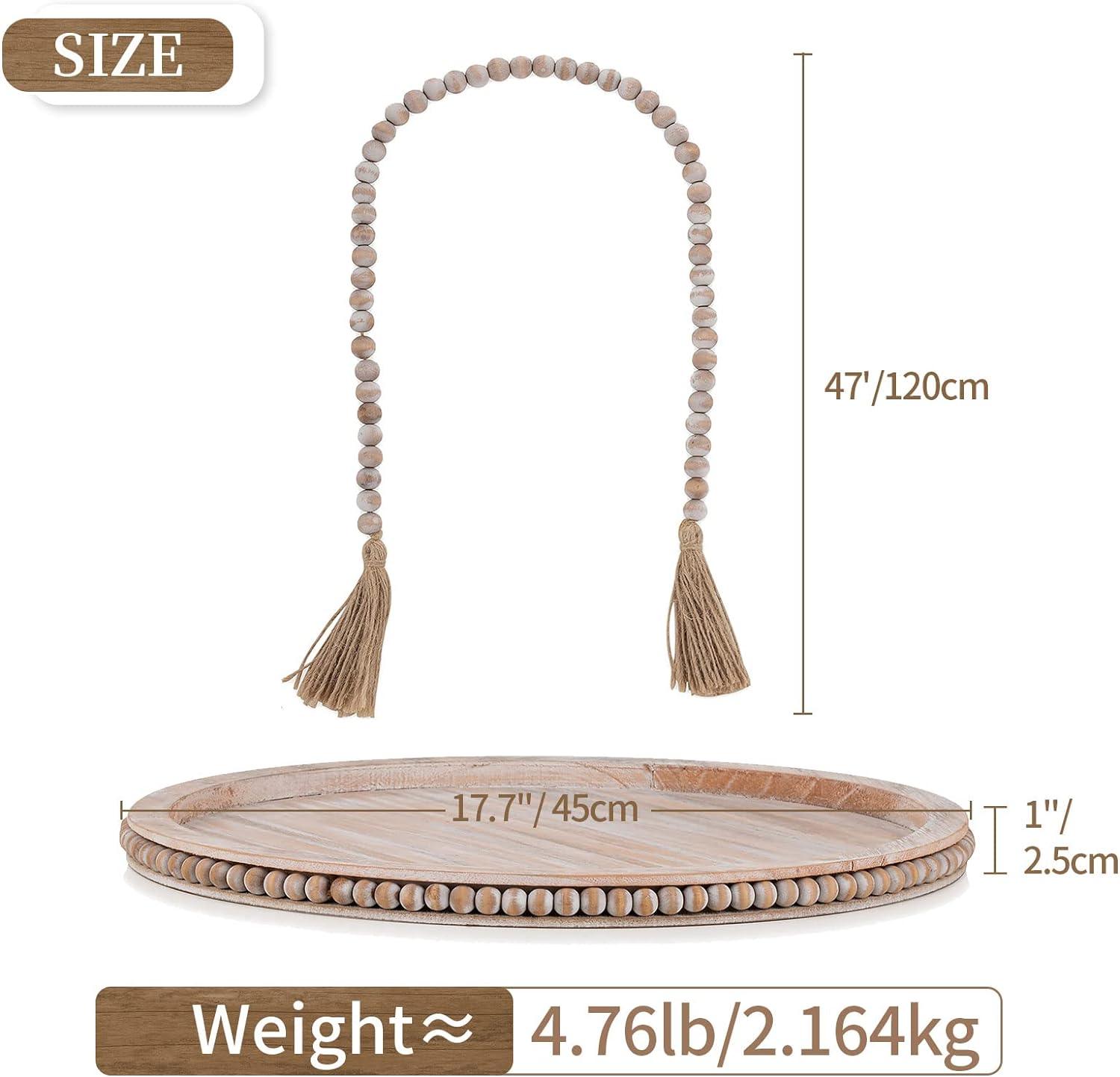 Round Decorative Wooden Tray 18 Inch Beaded Table Centerpiece HANOBE