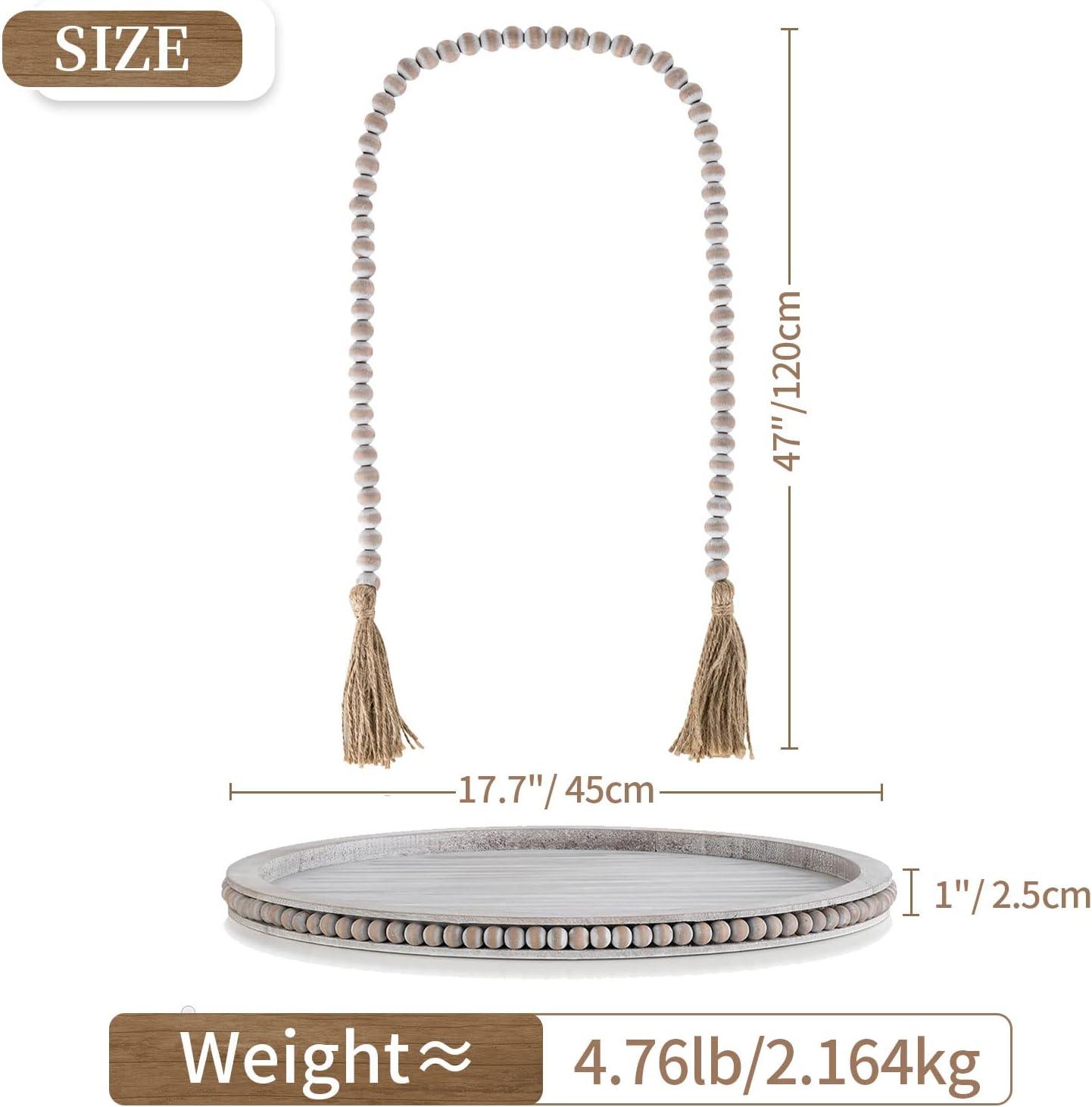 Round Decorative Wooden Tray 18 Inch Beaded Table Centerpiece HANOBE