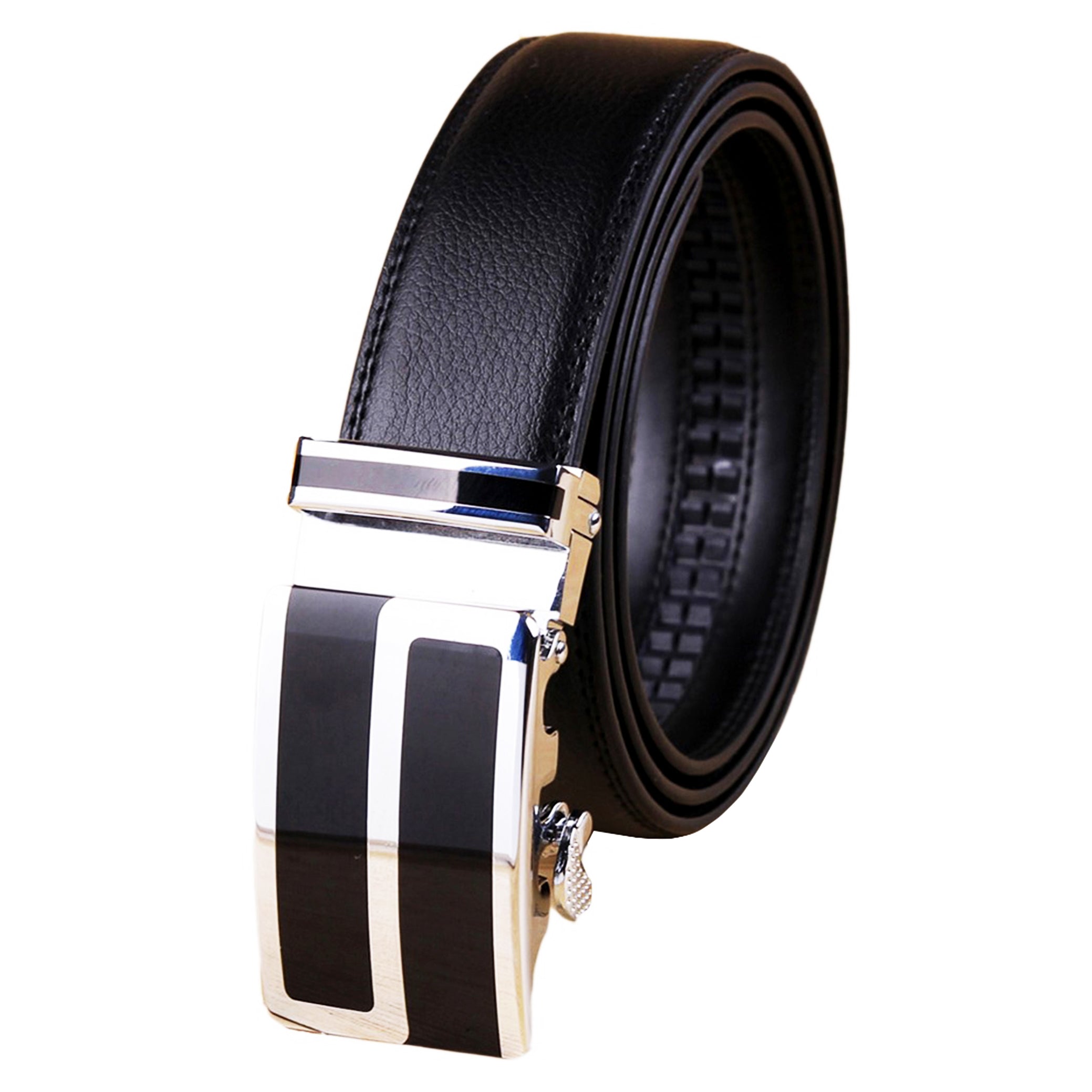 QHA Mens 35mm Ratchet Leather Belt, Silver Stripe Automatic Buckle Q5089