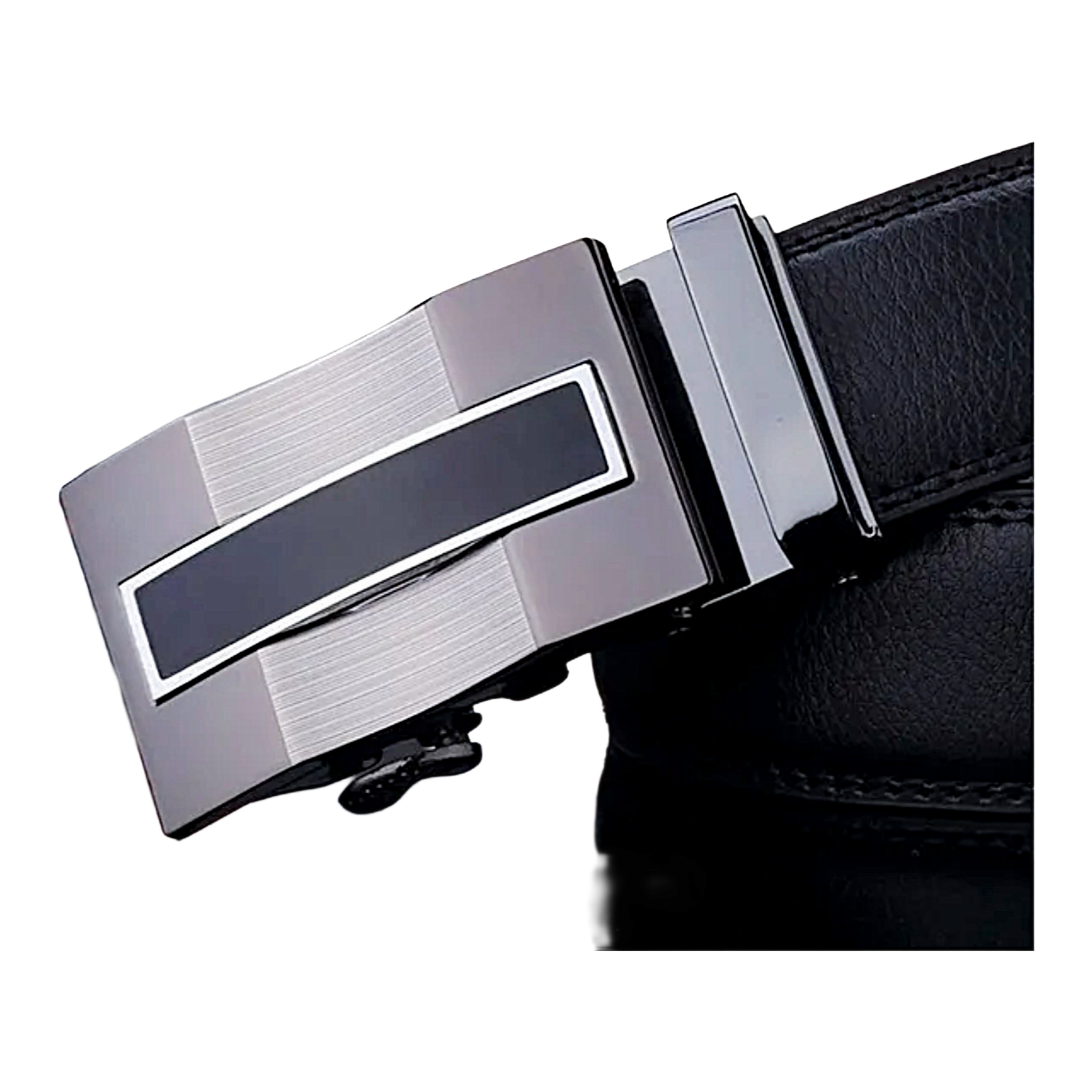 QHA Mens 35mm Ratchet Leather Belt, Gunmetal Vertical Inlay Automatic Buckle Q68