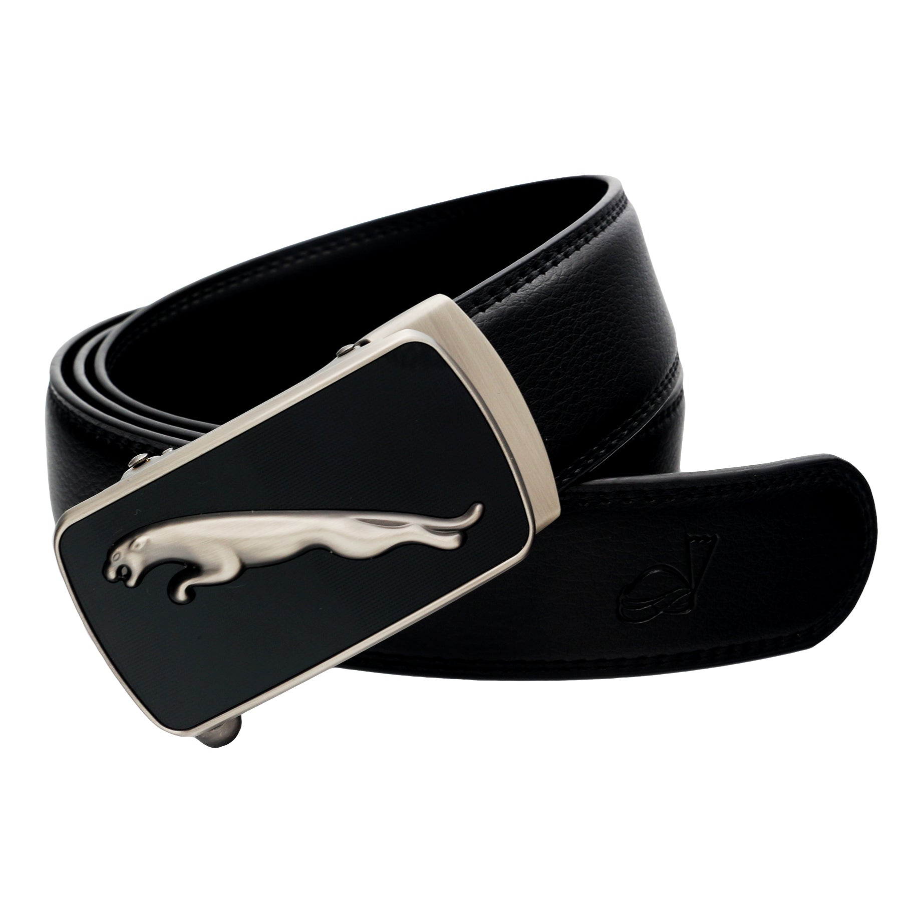 QHA Mens 35mm Ratchet Leather Belt, Matte Silver Jaguar Automatic Buckle Q65