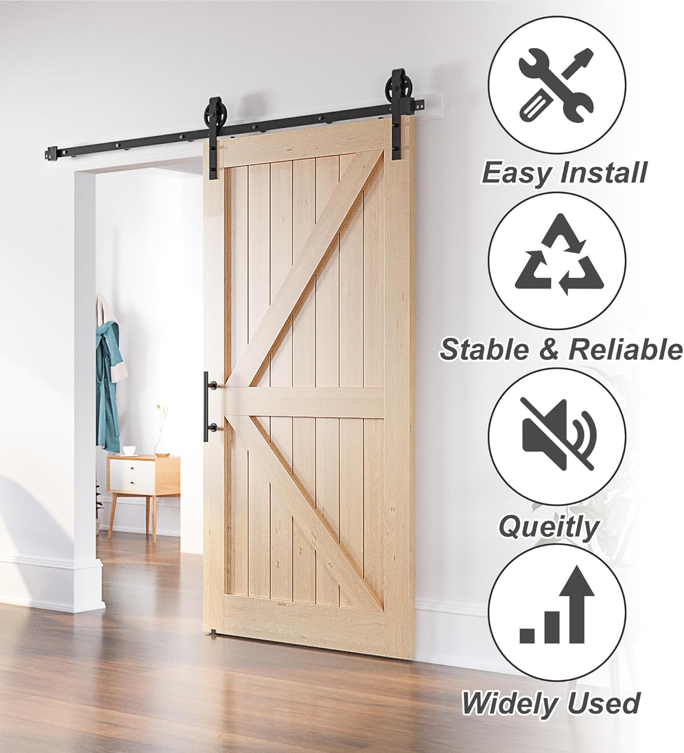Sliding Barn Door Kit 7.5FT Heavy Duty Large Wheel Black Track SANKEYTEW