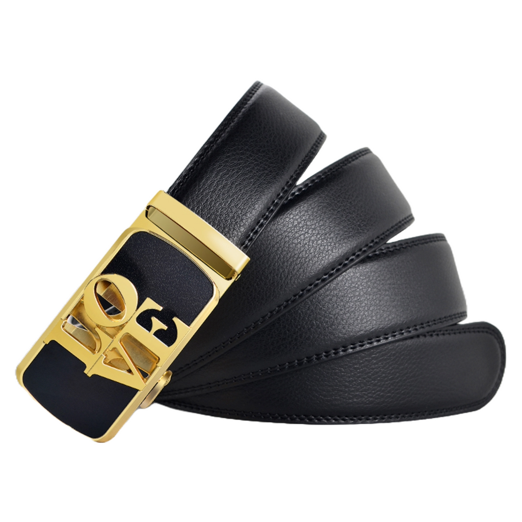 QHA Womens 35mm Ratchet Split Leather Belt, "LOVE" Buckle Q61