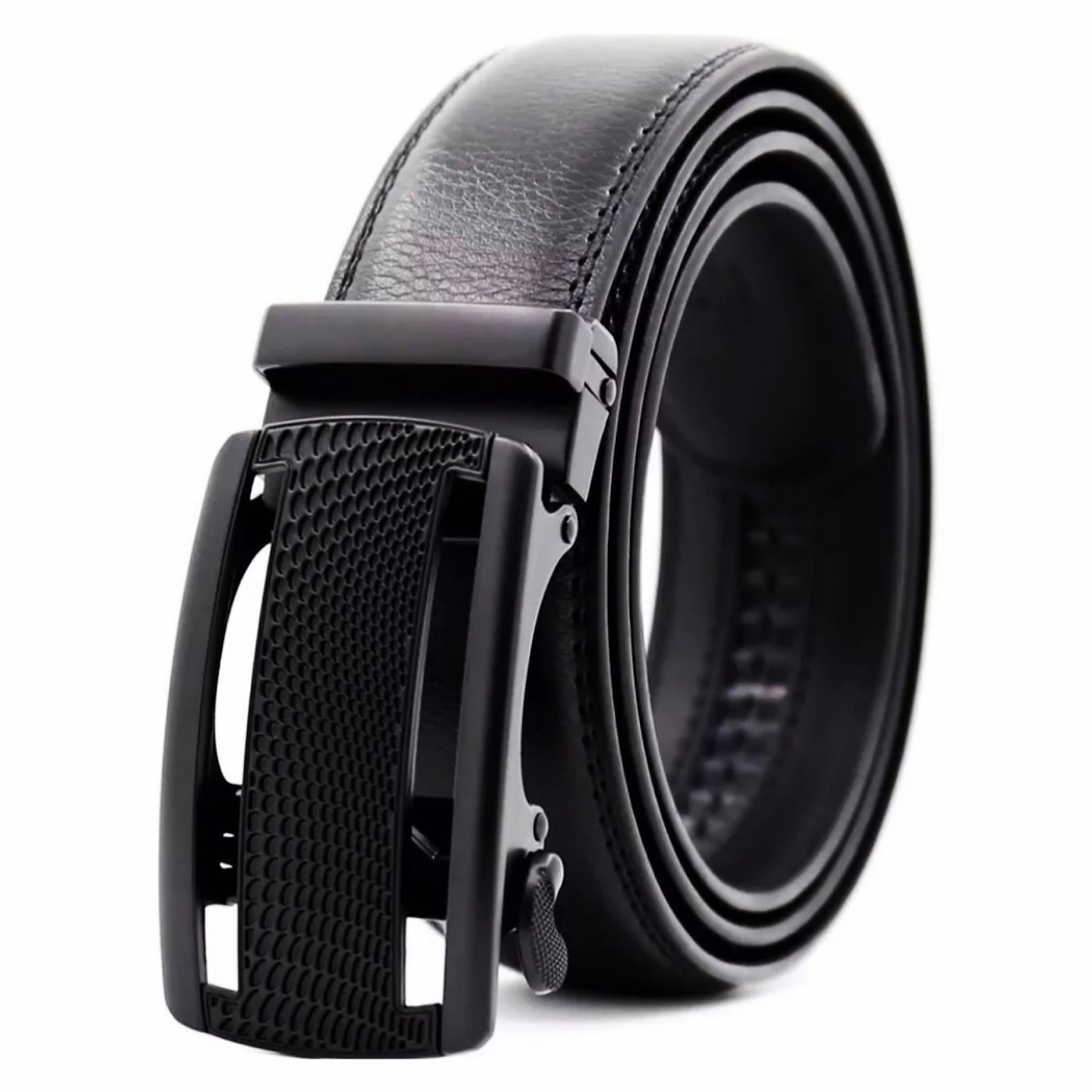 QHA Mens 35mm Ratchet Leather Belt, Polished Black Plastic Grid Buckle Q5085