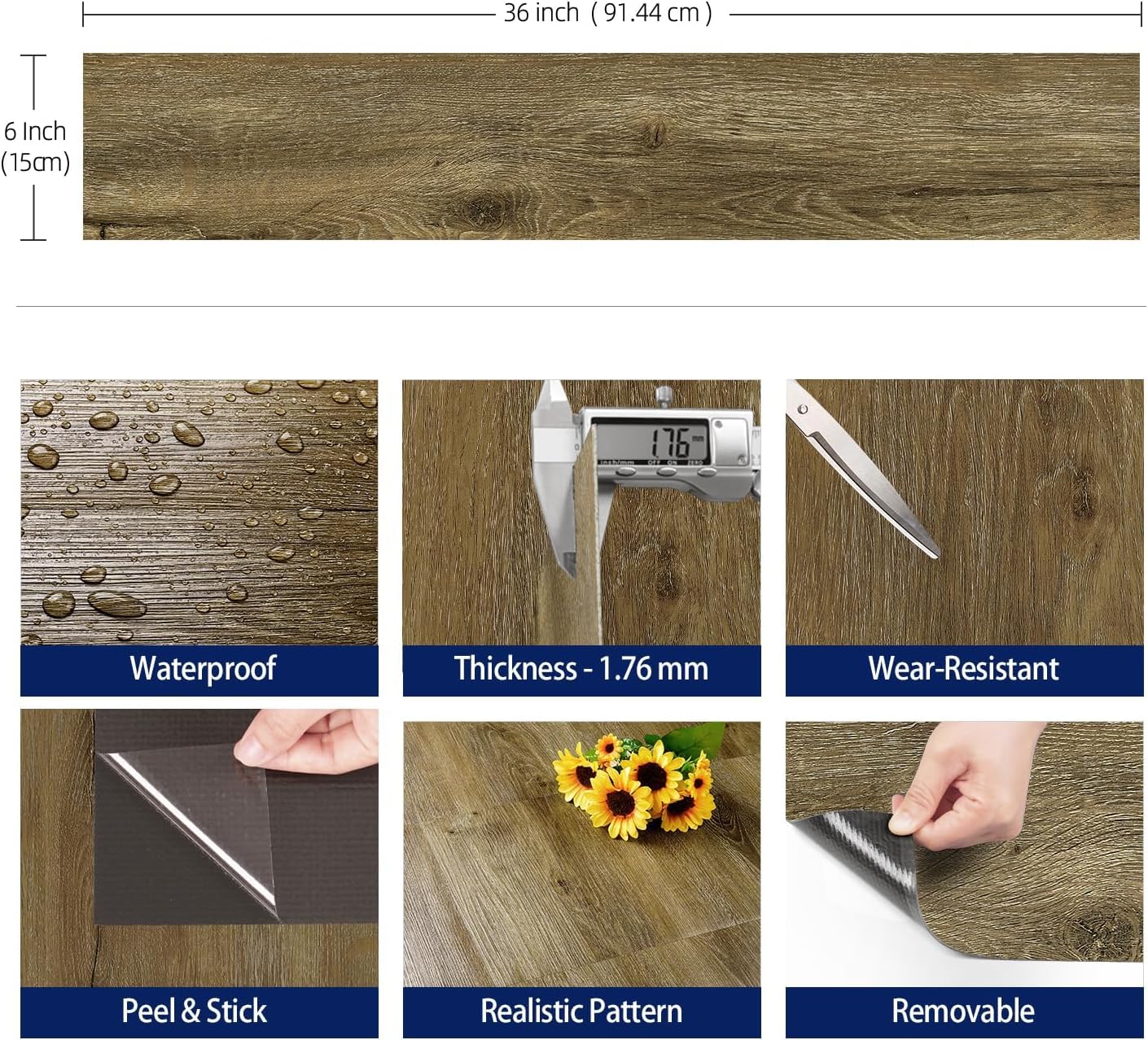 Peel and Stick Floor Tiles 90x15cm Wood Effect Vinyl Planks FunStick