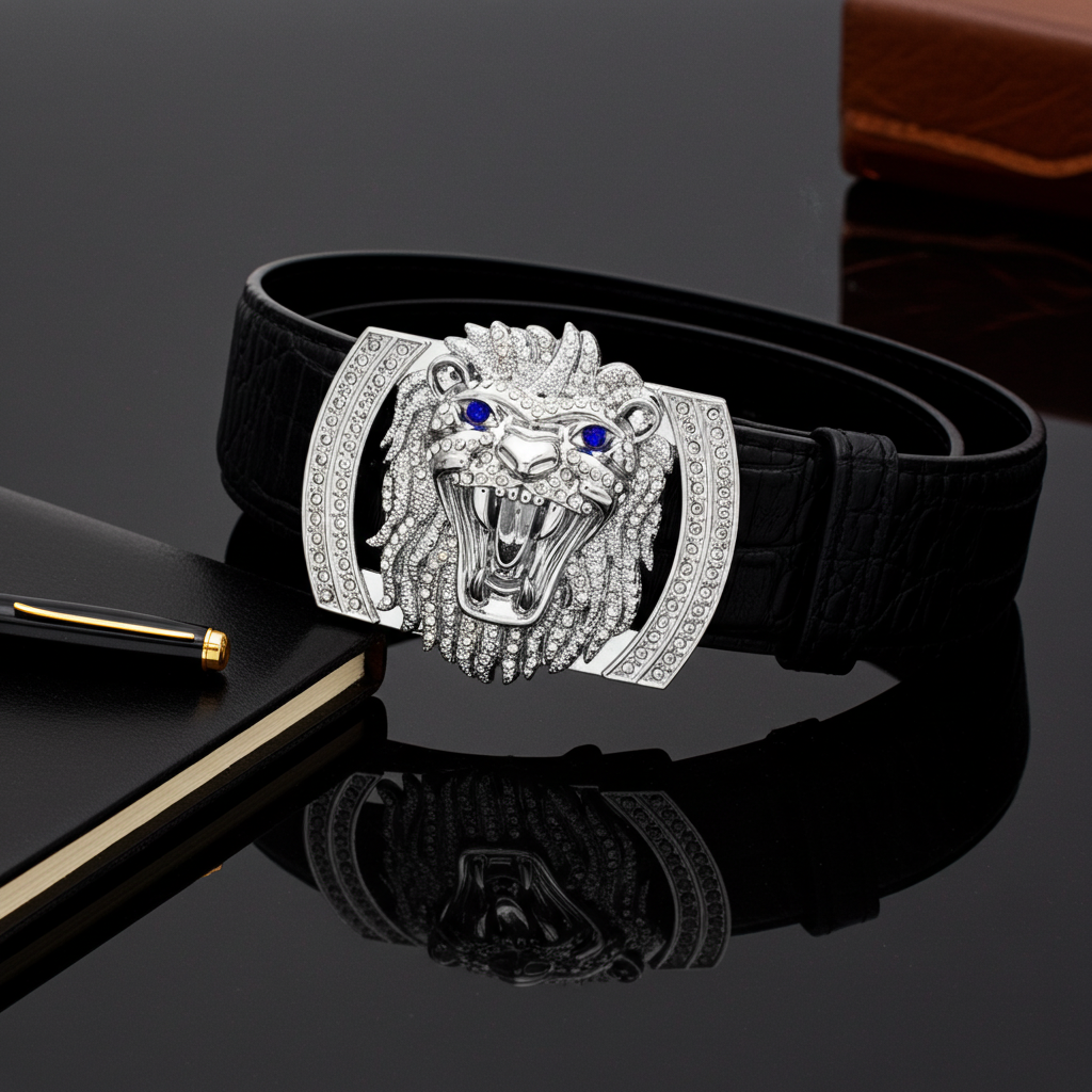 QHA Mens Designer Leather Belt Lion Diamond Buckle 38mm Wide Fashion Belt Q74